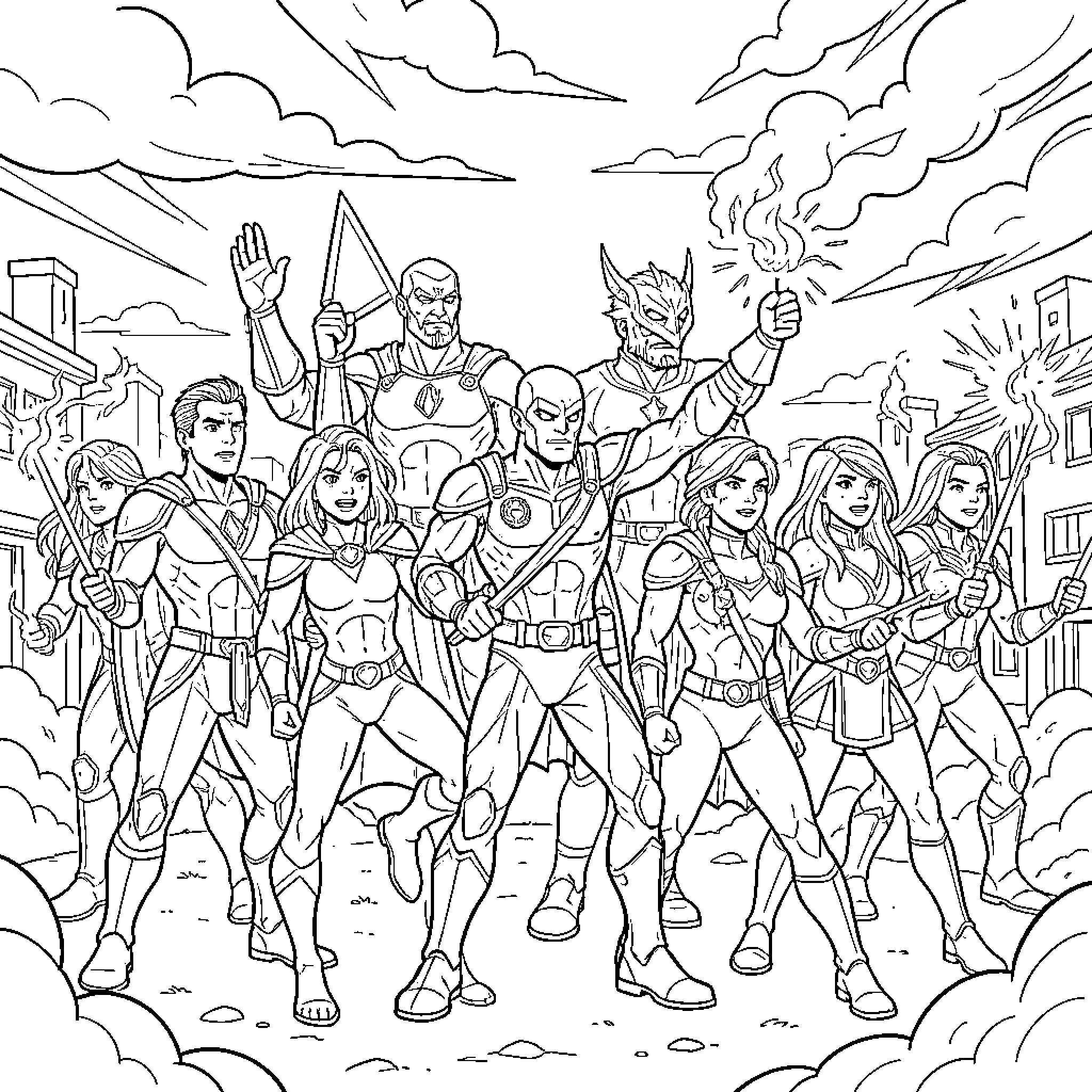 Miraculous group of superheroes posing heroically in the city Coloring Page (free black-and-white line drawing printable PDF for all, from beginners to advanced learners, including children, teens, adults, and seniors)