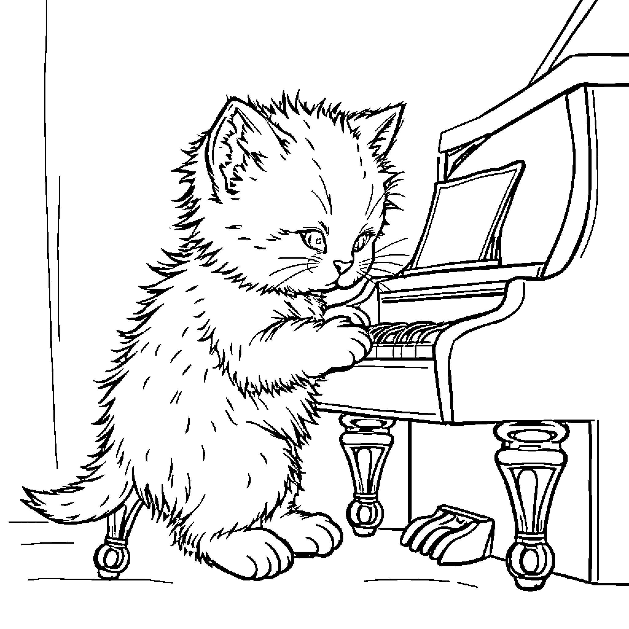 Kitten exploring a piano Coloring Page (free black-and-white line drawing printable PDF for all, from beginners to advanced learners, including children, teens, adults, and seniors)