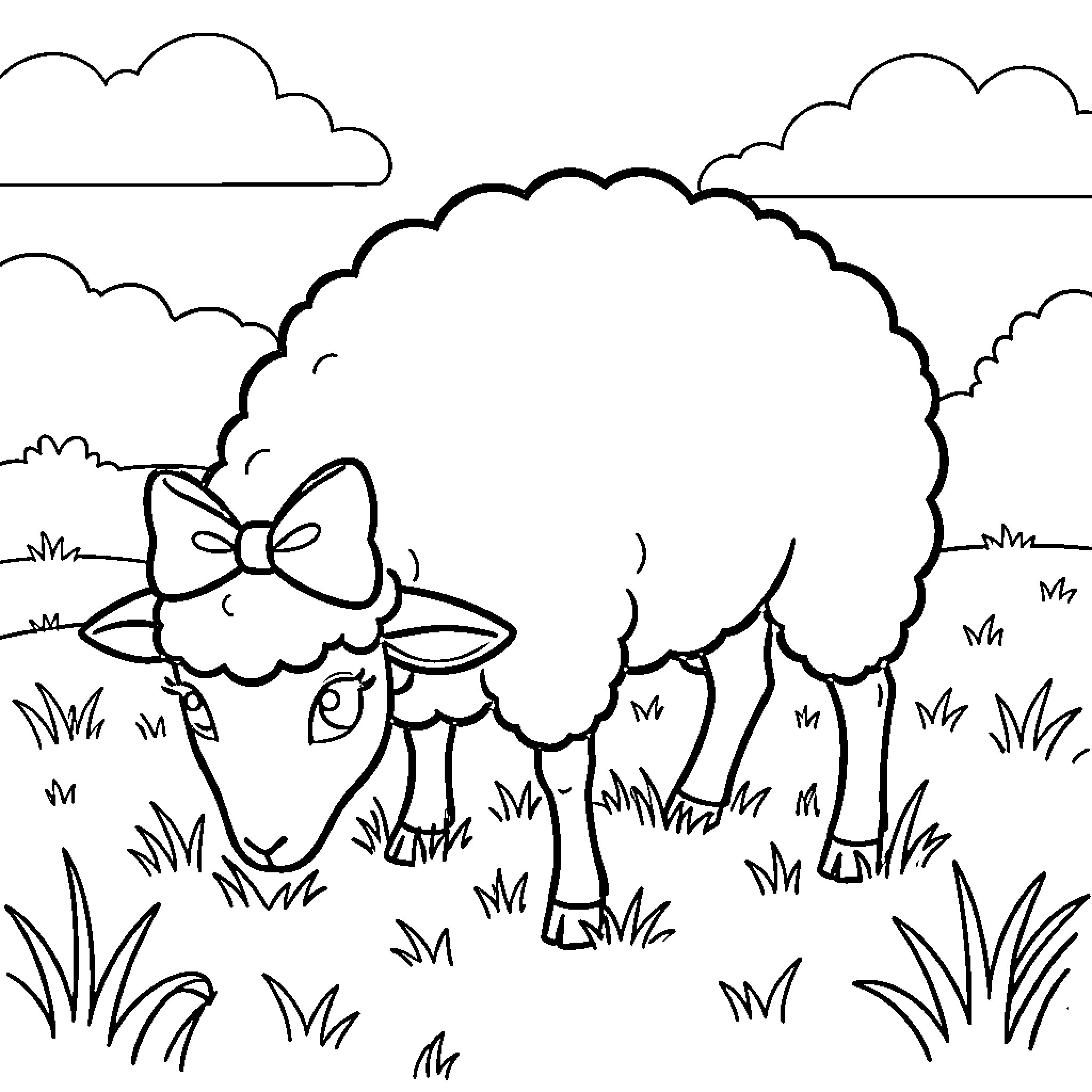 Sheep wearing a bow in a grassy field Coloring Page (free black-and-white line drawing printable PDF for all, from beginners to advanced learners, including children, teens, adults, and seniors)
