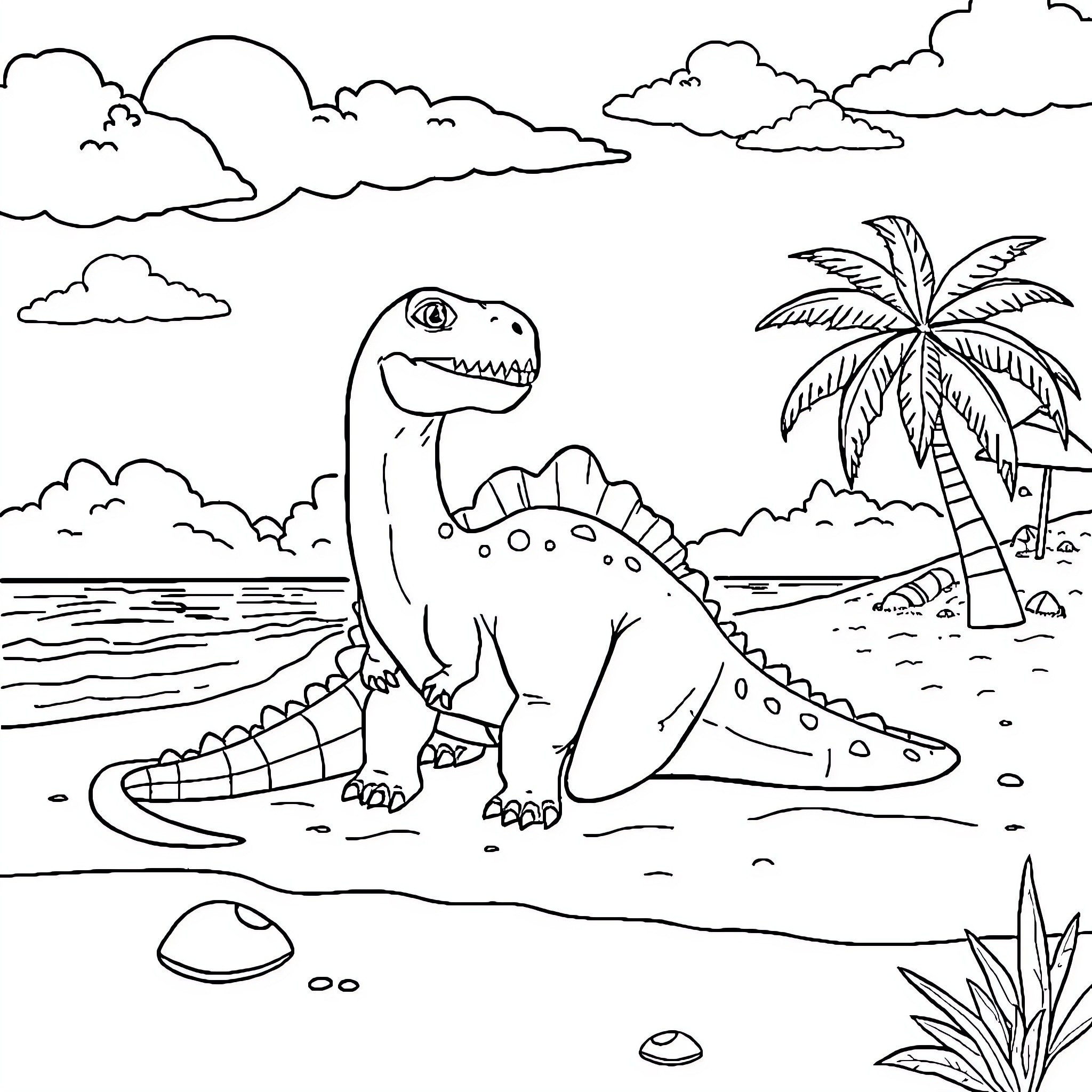 Dinosaur relaxing on tropical beach Coloring Page (free black-and-white line drawing printable PDF for all, from beginners to advanced learners, including children, teens, adults, and seniors)