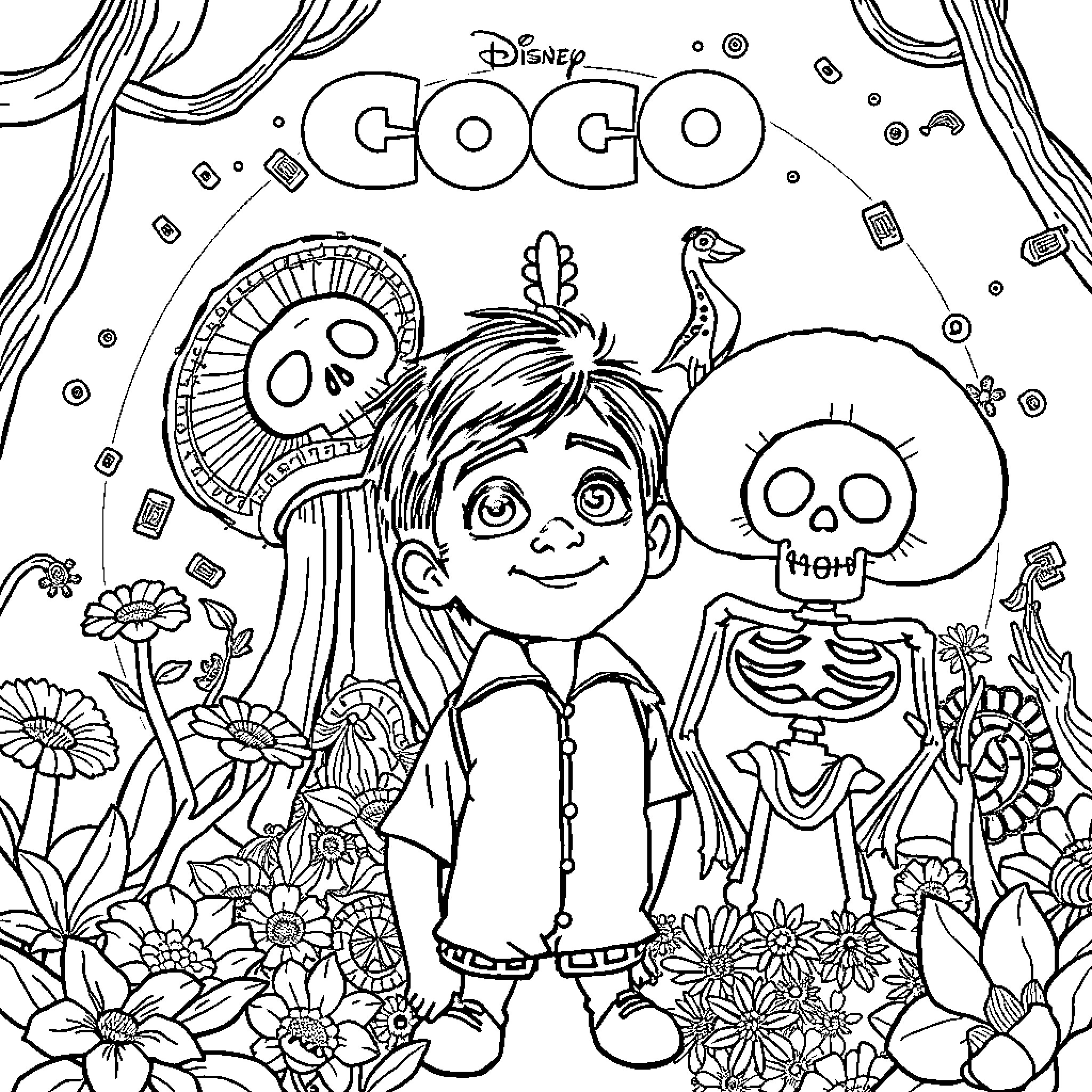 Coco's Vibrant Celebration in the Enchanting World Coloring Page (free black-and-white line drawing printable PDF for all, from beginners to advanced learners, including children, teens, adults, and seniors)