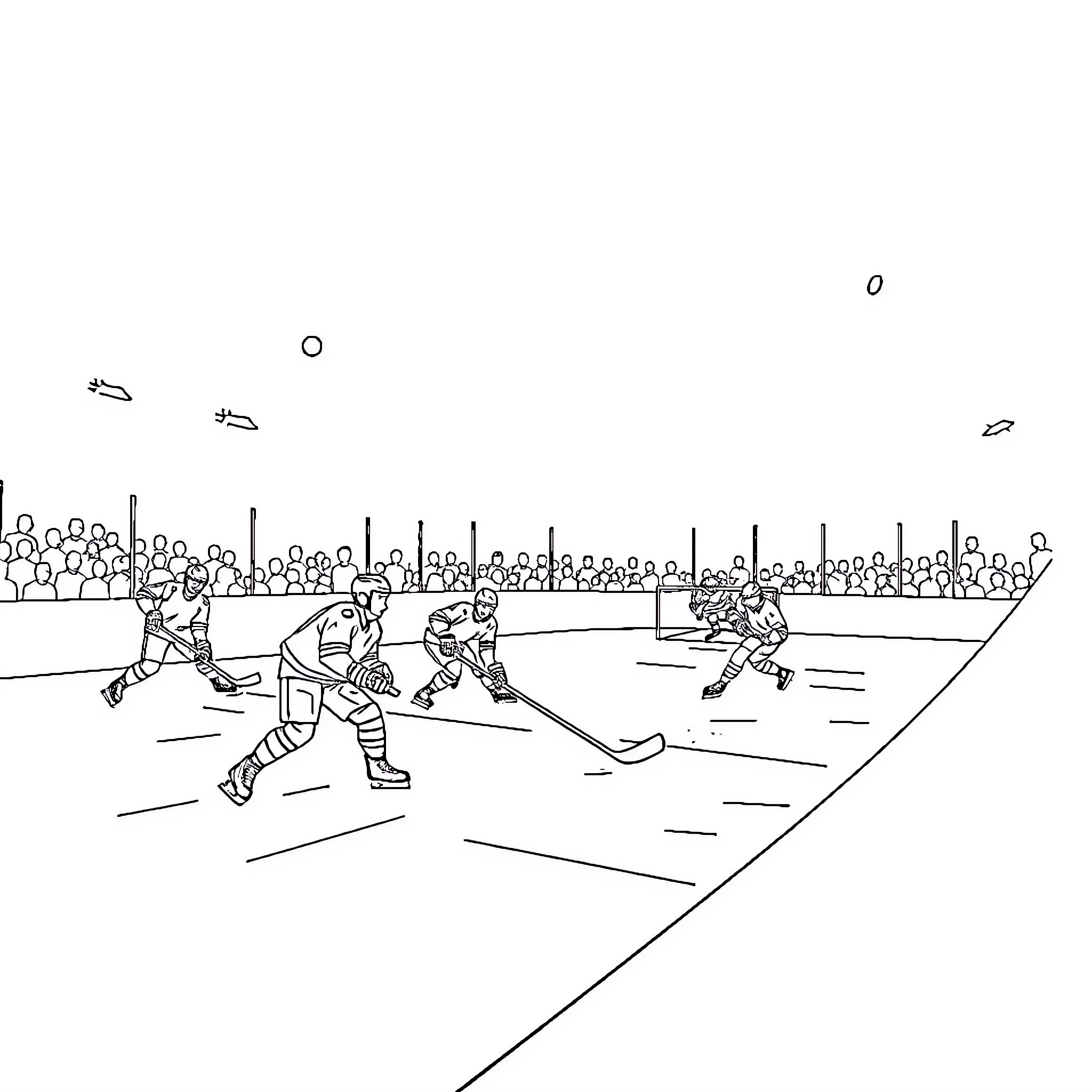 Ice Hockey Players Competing on the Rink Coloring Page (free black-and-white line drawing printable PDF for all, from beginners to advanced learners, including children, teens, adults, and seniors)