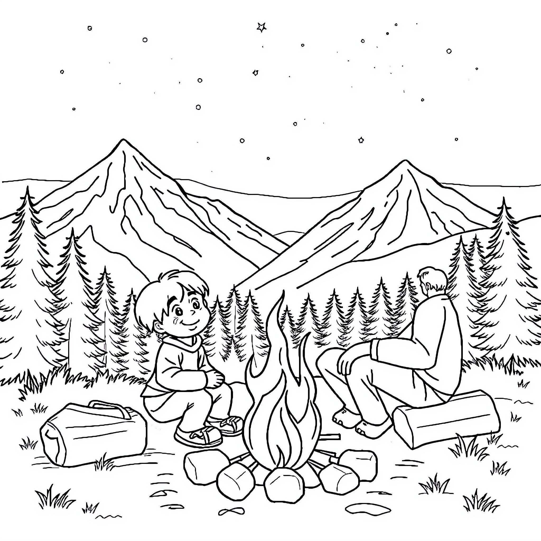 Kid camping with friends in the mountains Coloring Page (free black-and-white line drawing printable PDF for all, from beginners to advanced learners, including children, teens, adults, and seniors)