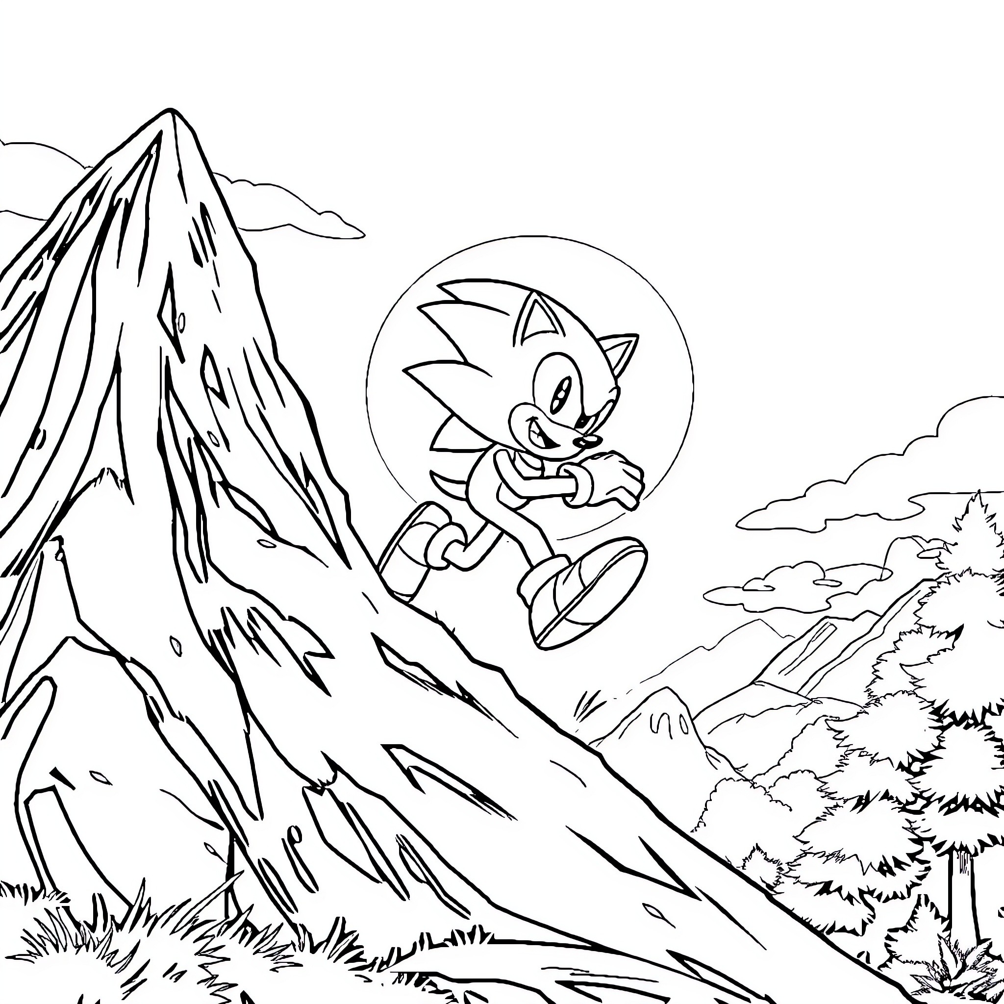 Sonic speeding through a mountainous landscape Coloring Page (free black-and-white line drawing printable PDF for all, from beginners to advanced learners, including children, teens, adults, and seniors)