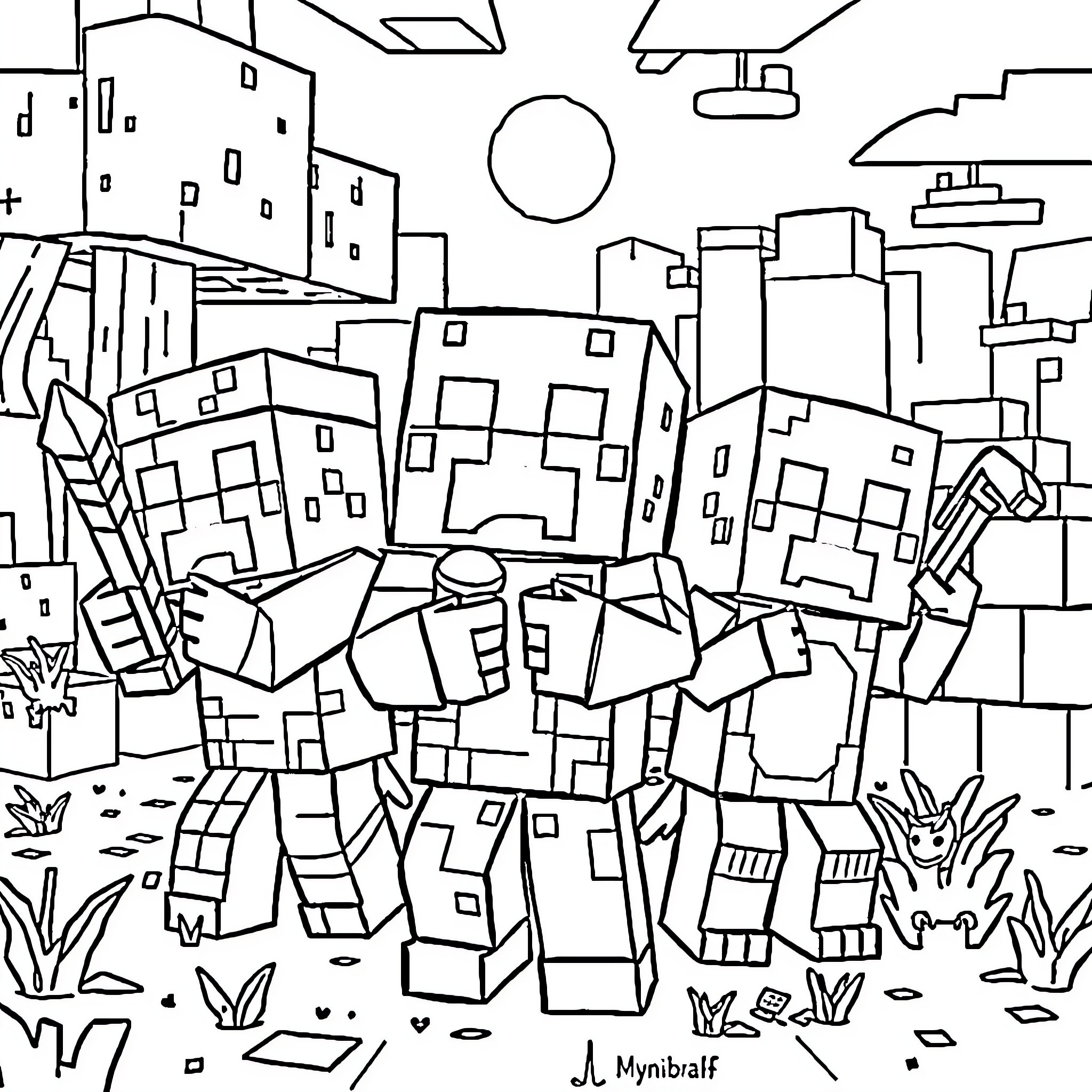 Monster City Chaos with Bizarre Creatures Coloring Page (free black-and-white line drawing printable PDF for all, from beginners to advanced learners, including children, teens, adults, and seniors)
