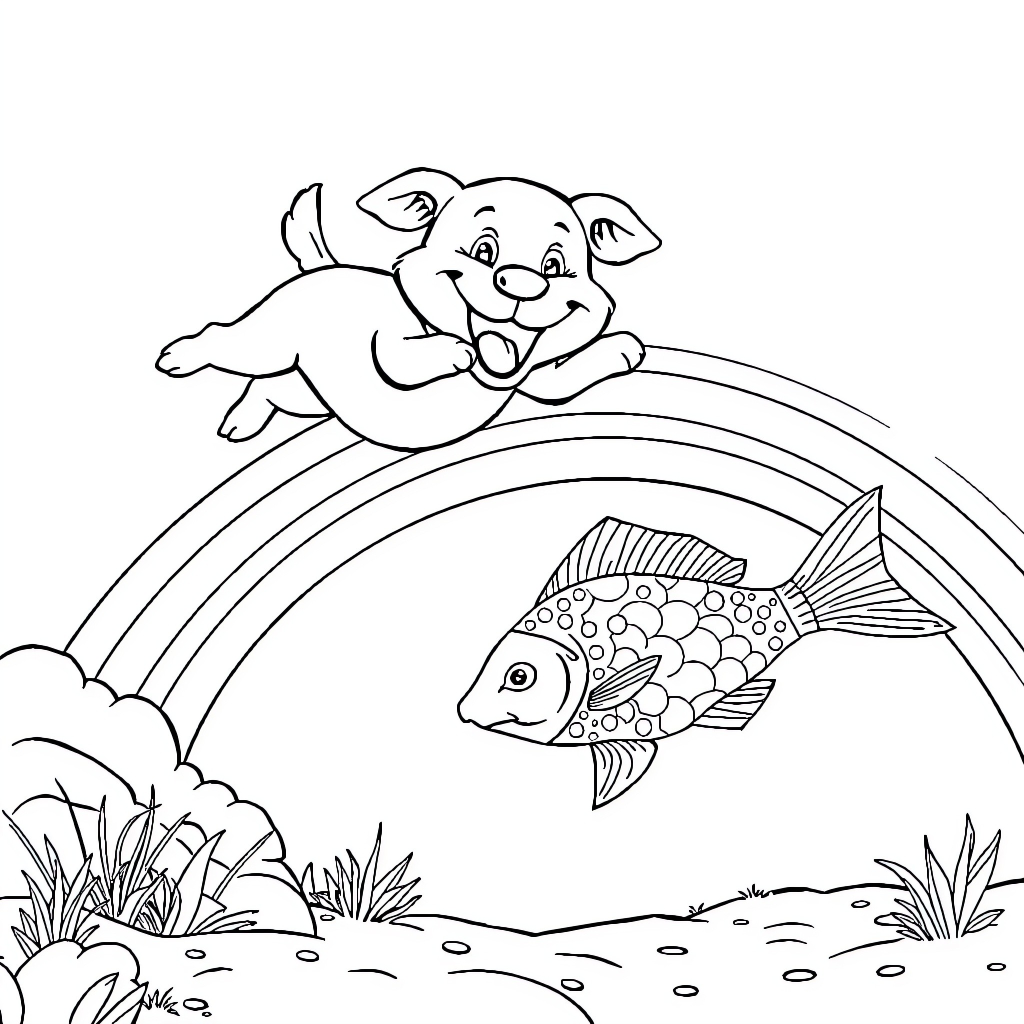 Dog jumping happily over rainbow with fish Coloring Page (free black-and-white line drawing printable PDF for all, from beginners to advanced learners, including children, teens, adults, and seniors)