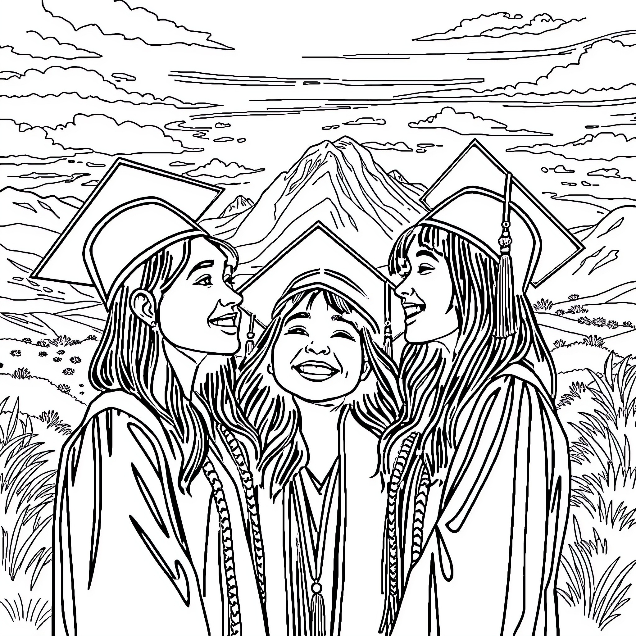 Graduates Celebrating Achievements in Scenic Mountain Setting Coloring Page (free black-and-white line drawing printable PDF for all, from beginners to advanced learners, including children, teens, adults, and seniors)