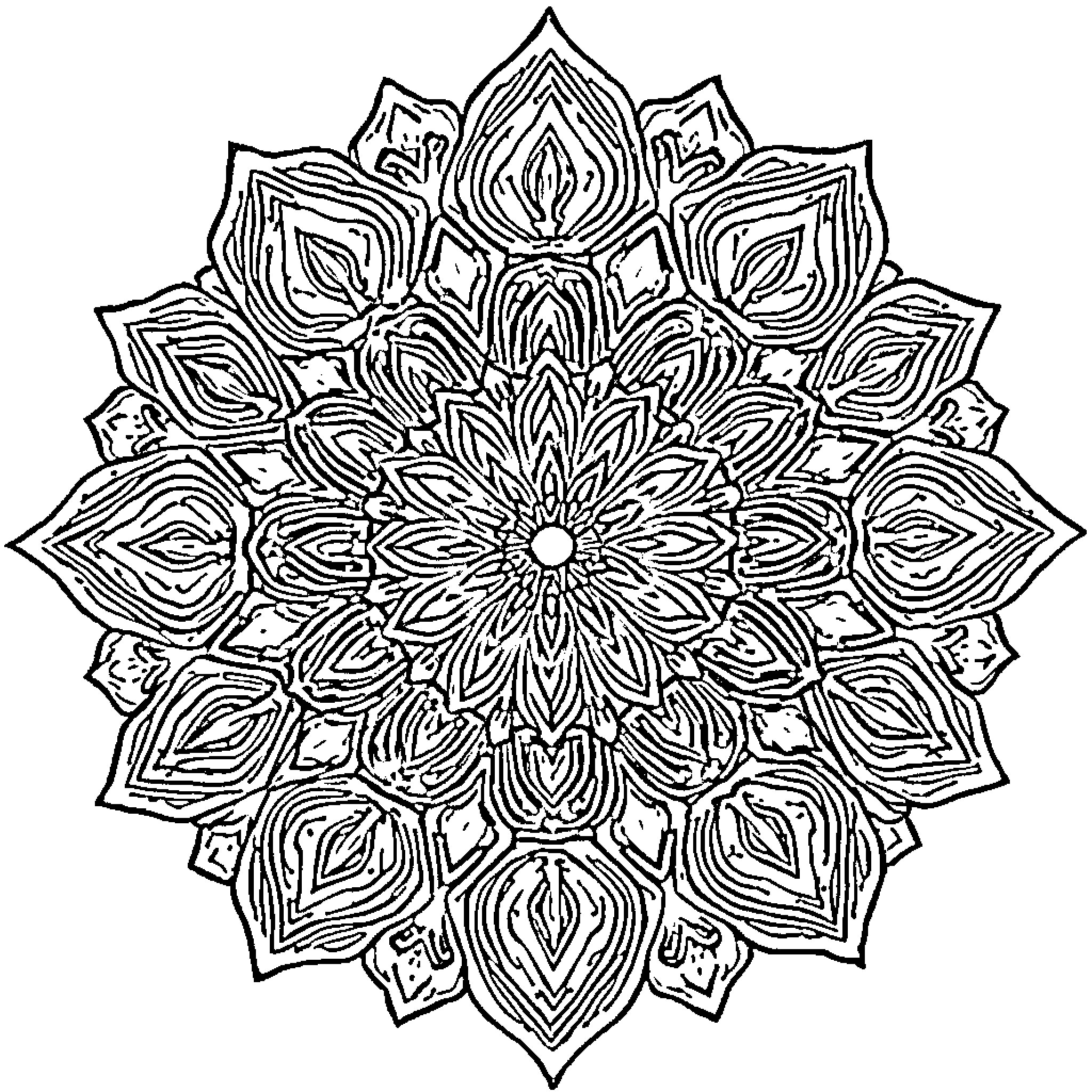 Mandala of intricate floral patterns Coloring Page (free black-and-white line drawing printable PDF for all, from beginners to advanced learners, including children, teens, adults, and seniors)