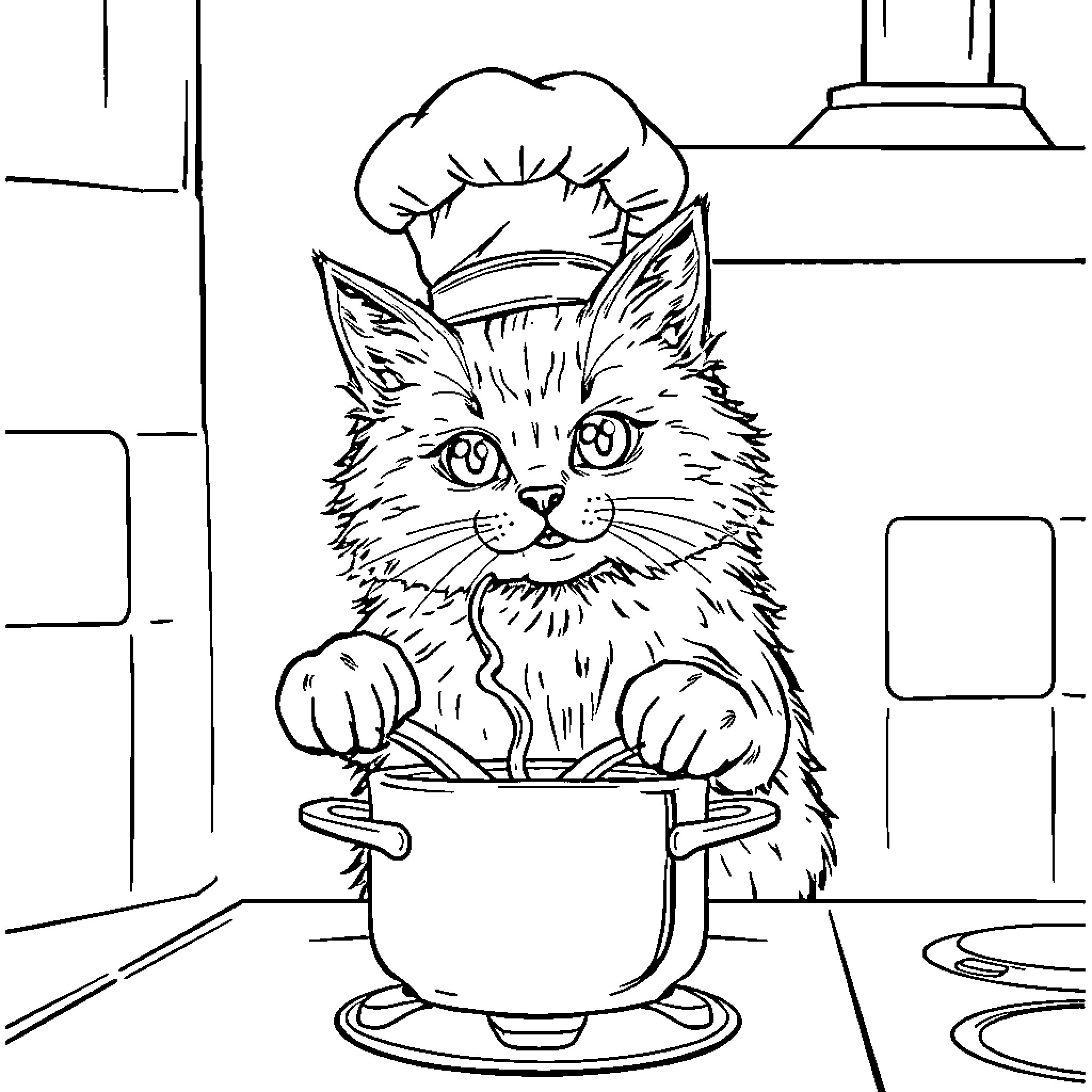 Cat Chef in Kitchen with Cooking Pot Coloring Page (free black-and-white line drawing printable PDF for all, from beginners to advanced learners, including children, teens, adults, and seniors)