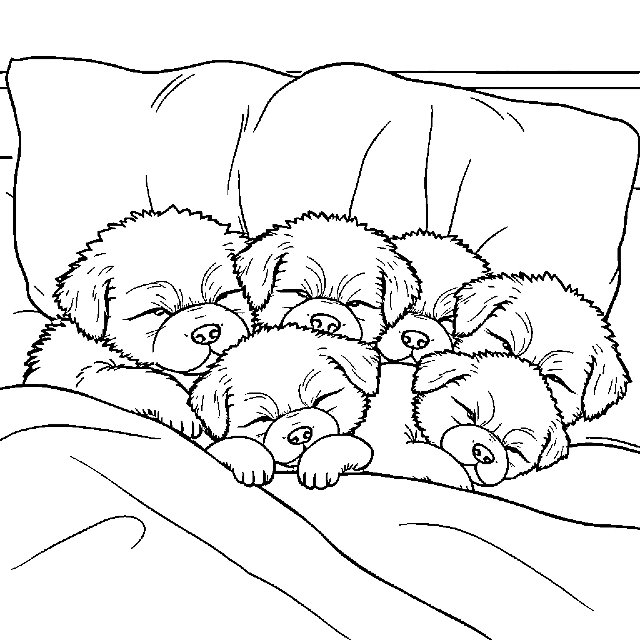 Dog family cuddling together on a cozy bed Coloring Page (free black-and-white line drawing printable PDF for all, from beginners to advanced learners, including children, teens, adults, and seniors)