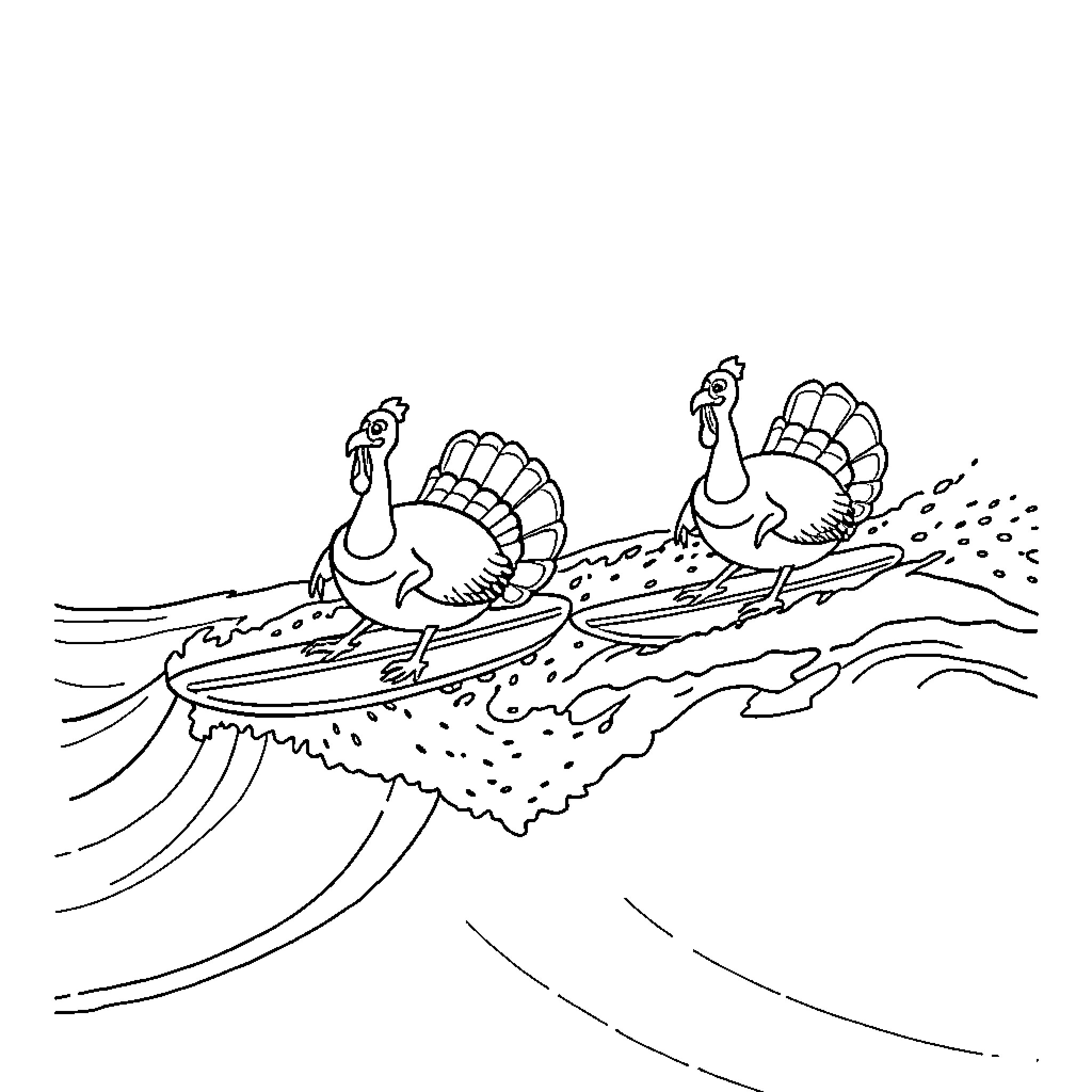 Turkey surfing on ocean waves Coloring Page (free black-and-white line drawing printable PDF for all, from beginners to advanced learners, including children, teens, adults, and seniors)