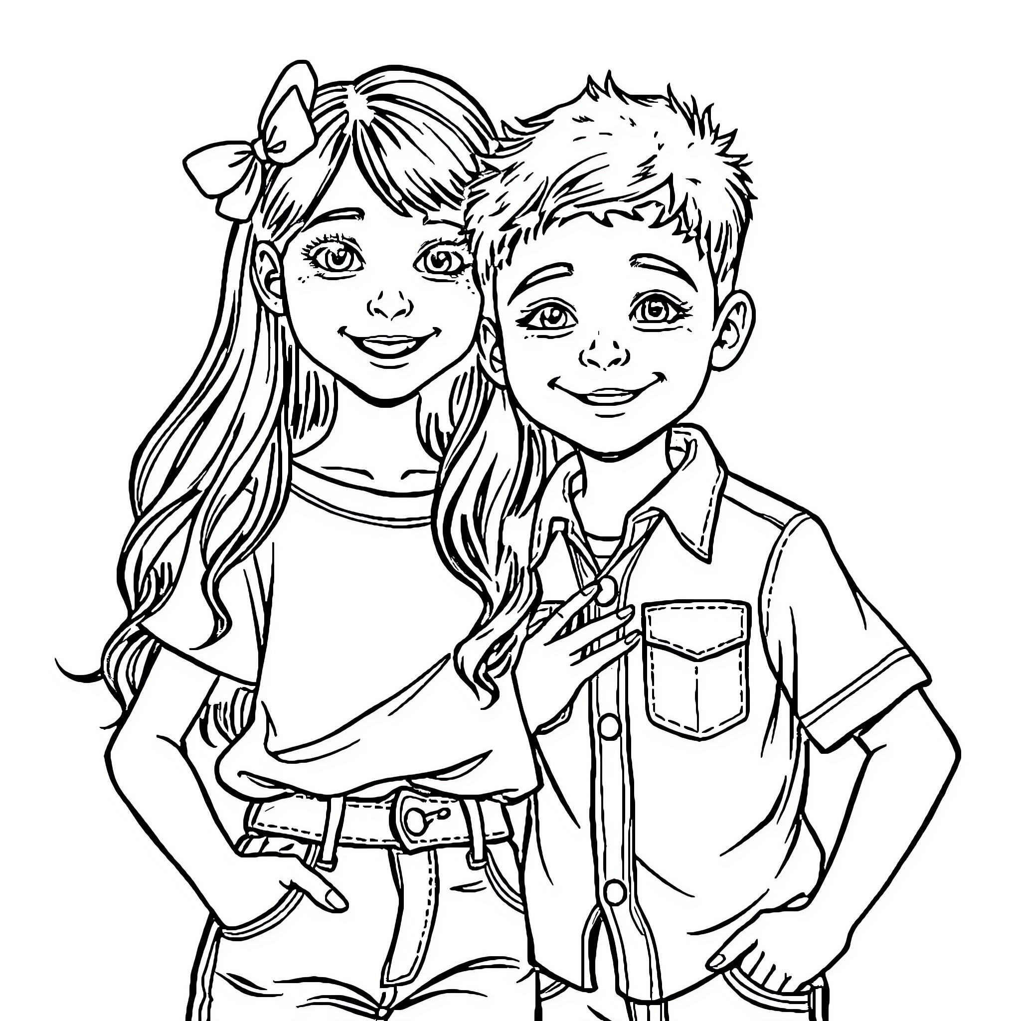 Pose of Two Children in Casual Attire Coloring Page (free black-and-white line drawing printable PDF for all, from beginners to advanced learners, including children, teens, adults, and seniors)