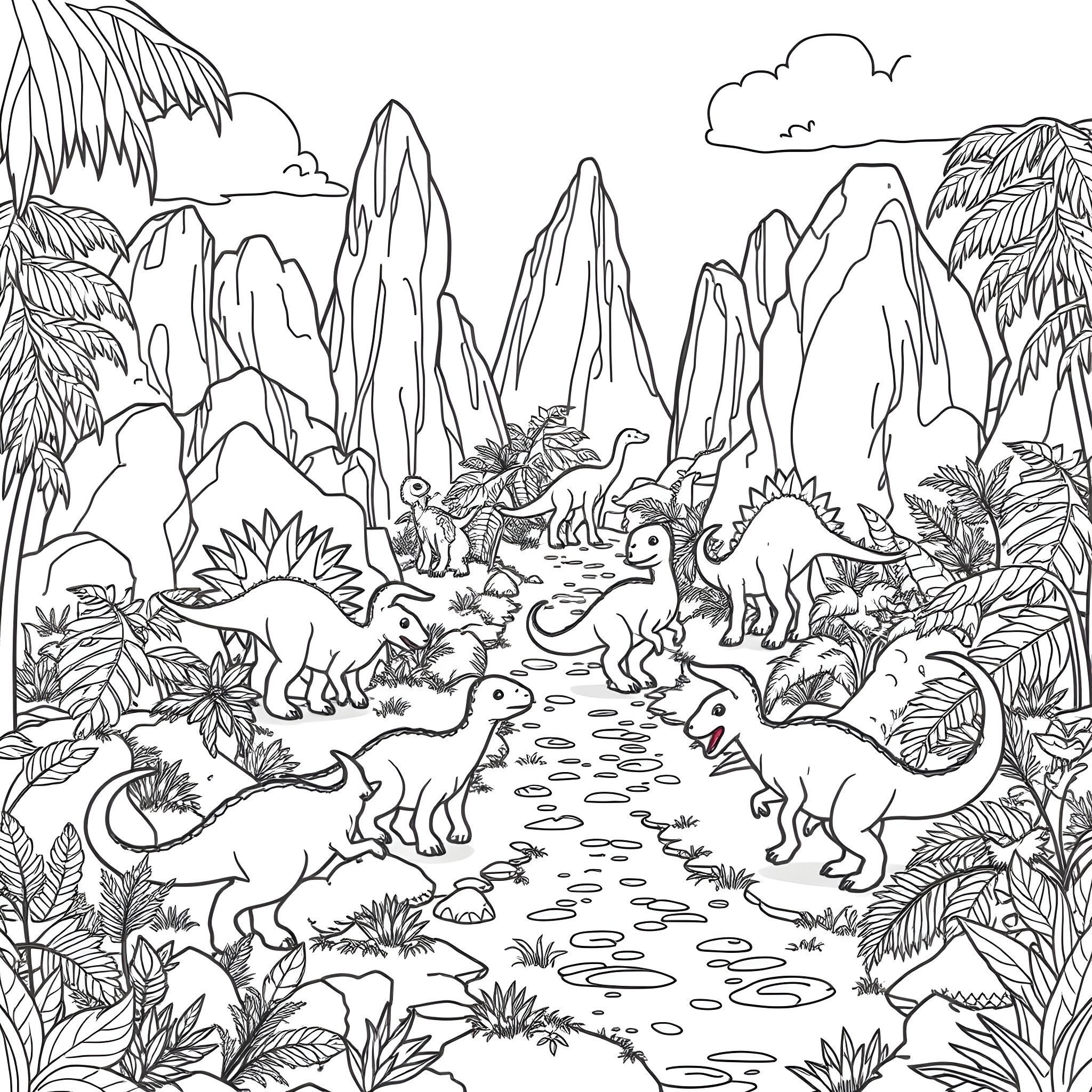 Baby Dinosaurs Playing in the Prehistoric Landscape Coloring Page (free black-and-white line drawing printable PDF for all, from beginners to advanced learners, including children, teens, adults, and seniors)