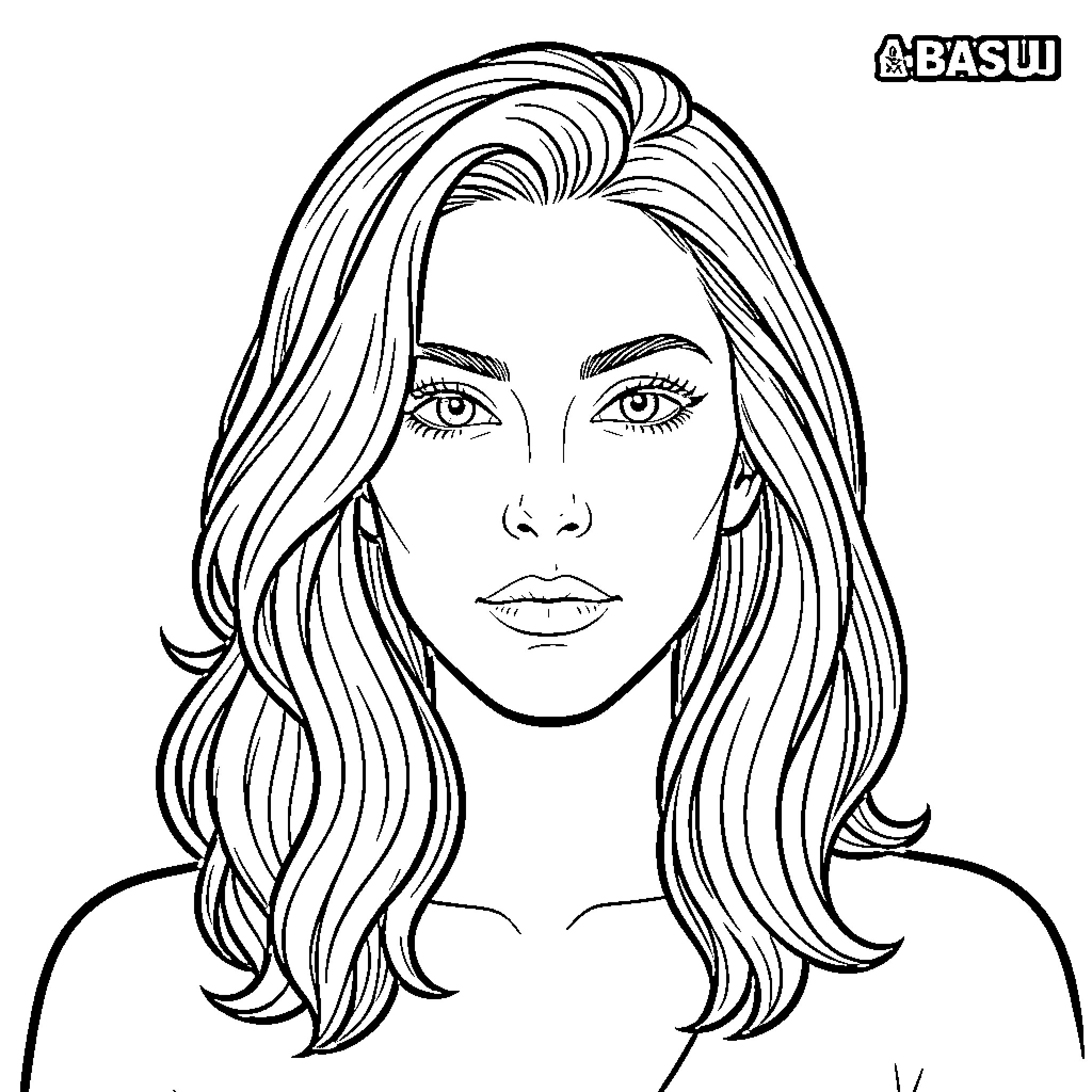 Actrice with wavy hair looking forward with a calm expression Coloring Page (free black-and-white line drawing printable PDF for all, from beginners to advanced learners, including children, teens, adults, and seniors)