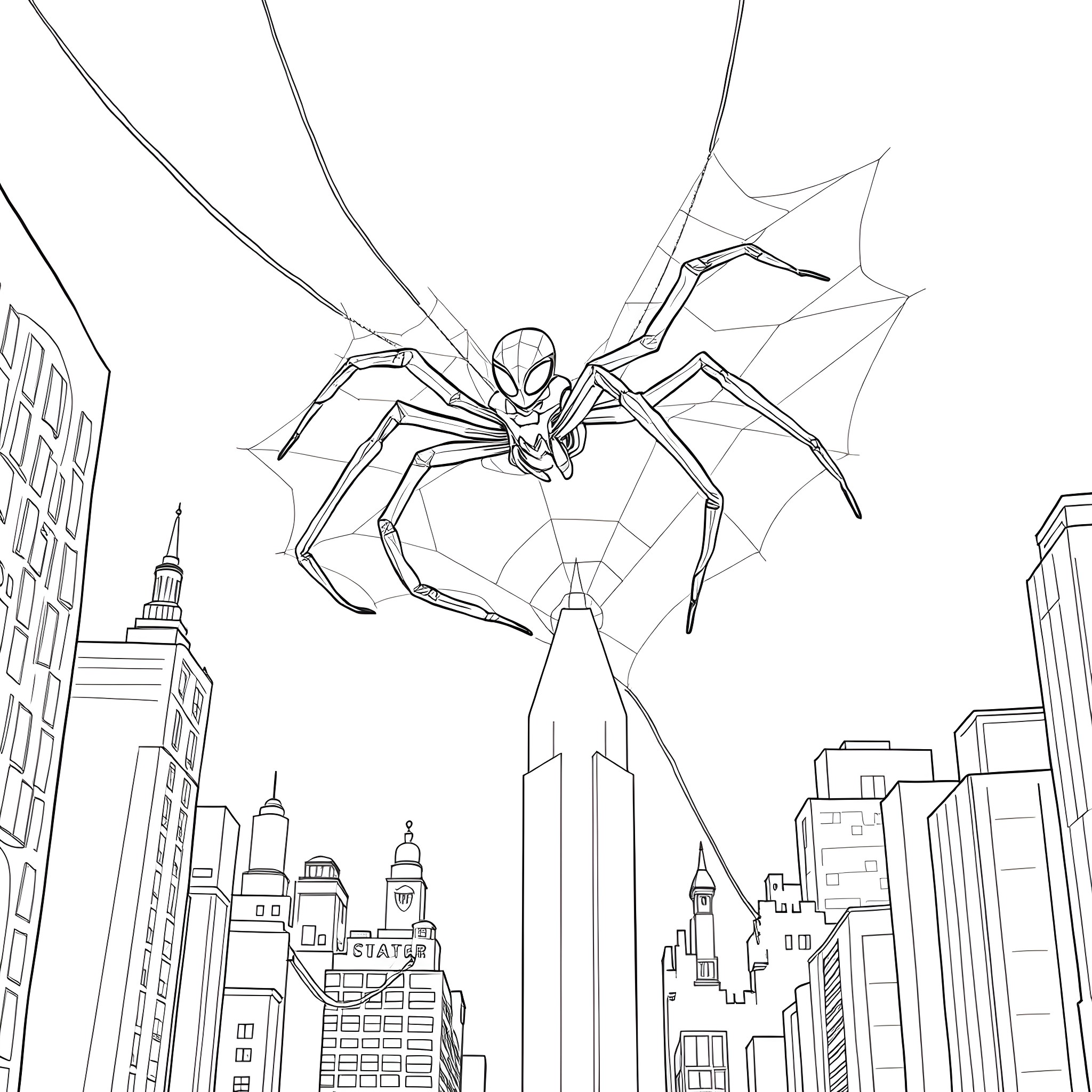 Ghost Spider exploring the city skyline Coloring Page (free black-and-white line drawing printable PDF for all, from beginners to advanced learners, including children, teens, adults, and seniors)