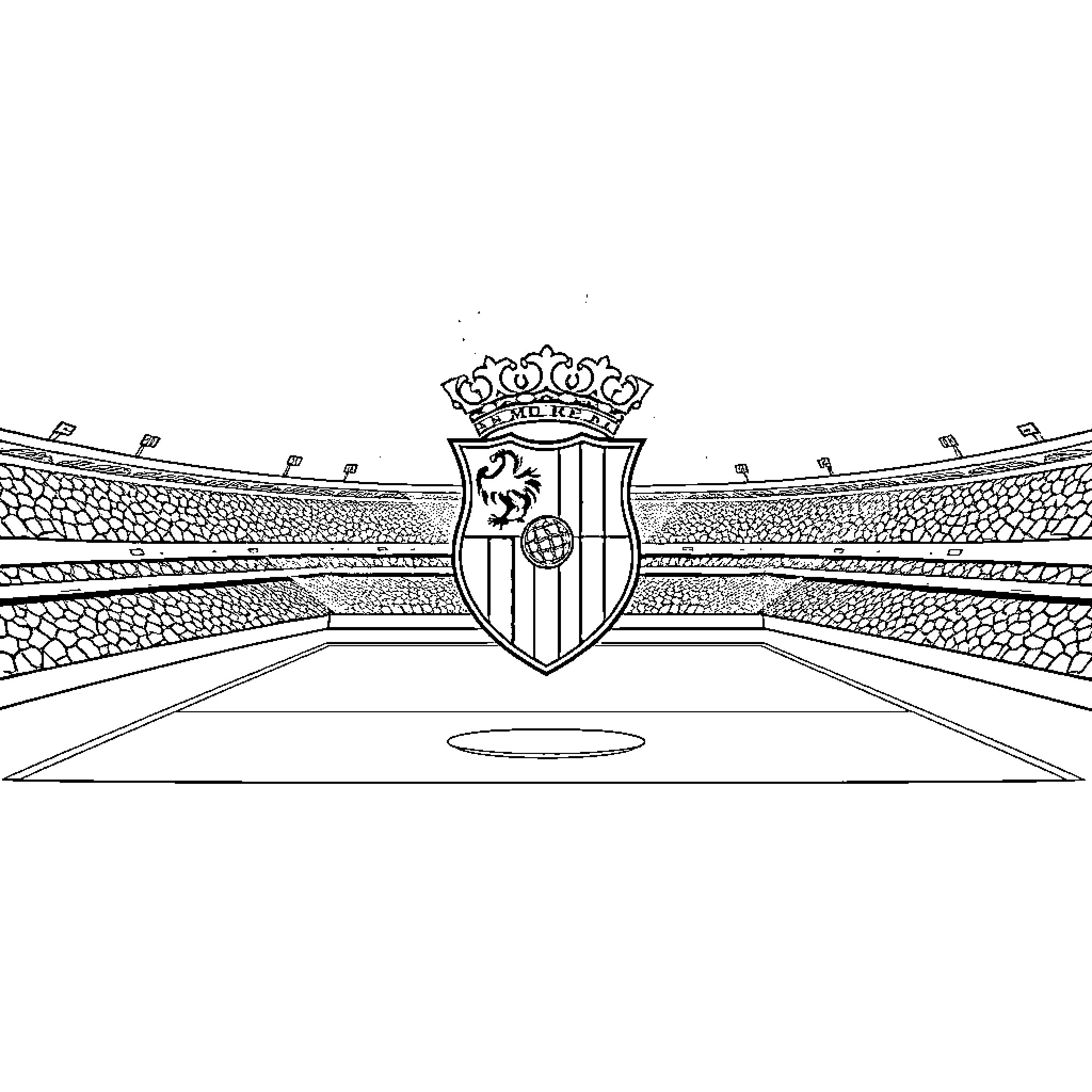Escudo of an arena with sports equipment Coloring Page (free black-and-white line drawing printable PDF for all, from beginners to advanced learners, including children, teens, adults, and seniors)