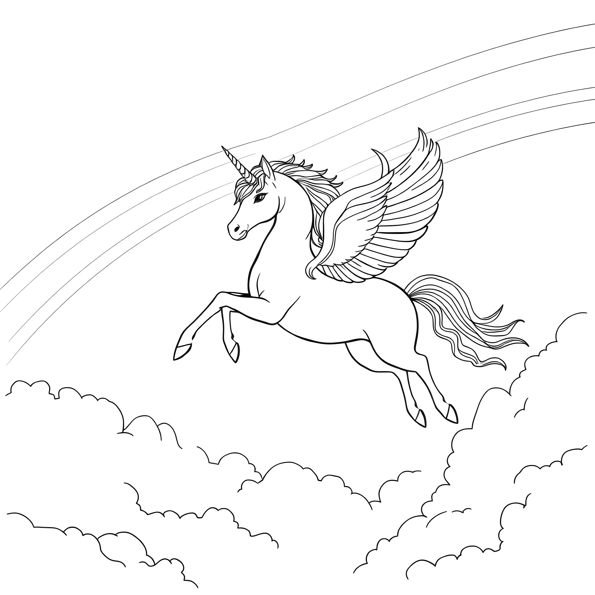 Unicorn soaring gracefully through the clouds Coloring Page (free black-and-white line drawing printable PDF for all, from beginners to advanced learners, including children, teens, adults, and seniors)