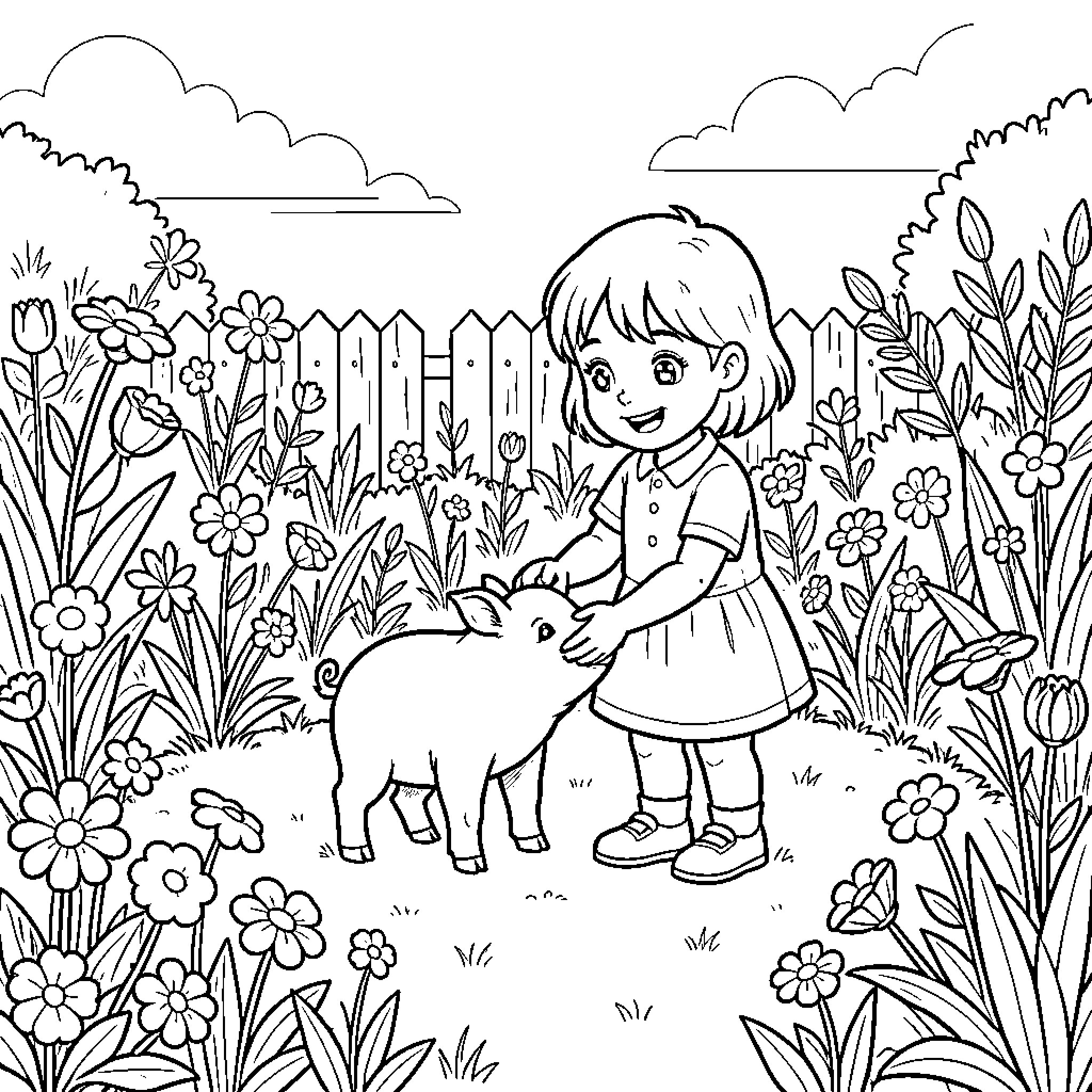 Piglet being gently petted by a young girl Coloring Page (free black-and-white line drawing printable PDF for all, from beginners to advanced learners, including children, teens, adults, and seniors)