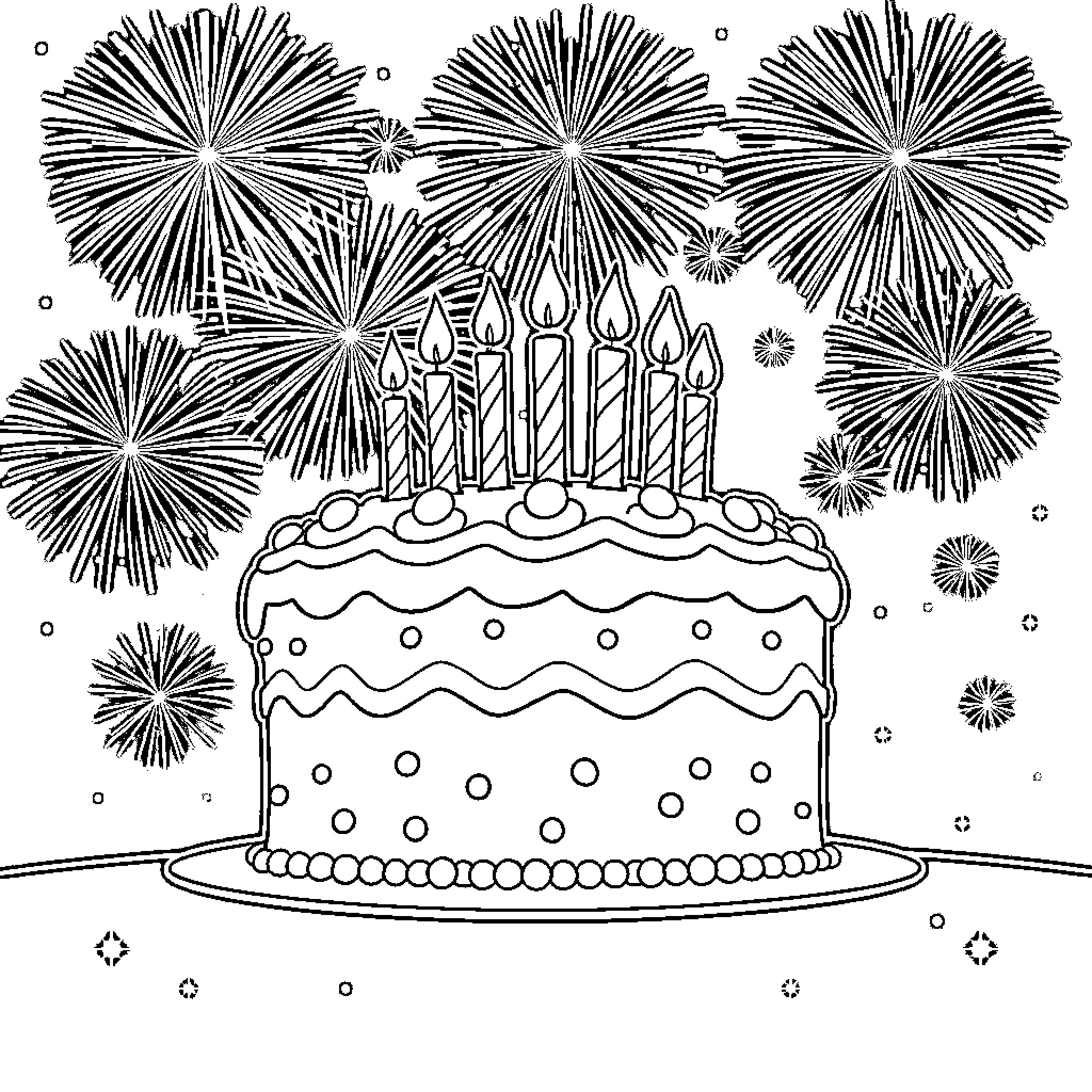 Birthday Cake with Celebratory Fireworks Coloring Page (free black-and-white line drawing printable PDF for all, from beginners to advanced learners, including children, teens, adults, and seniors)