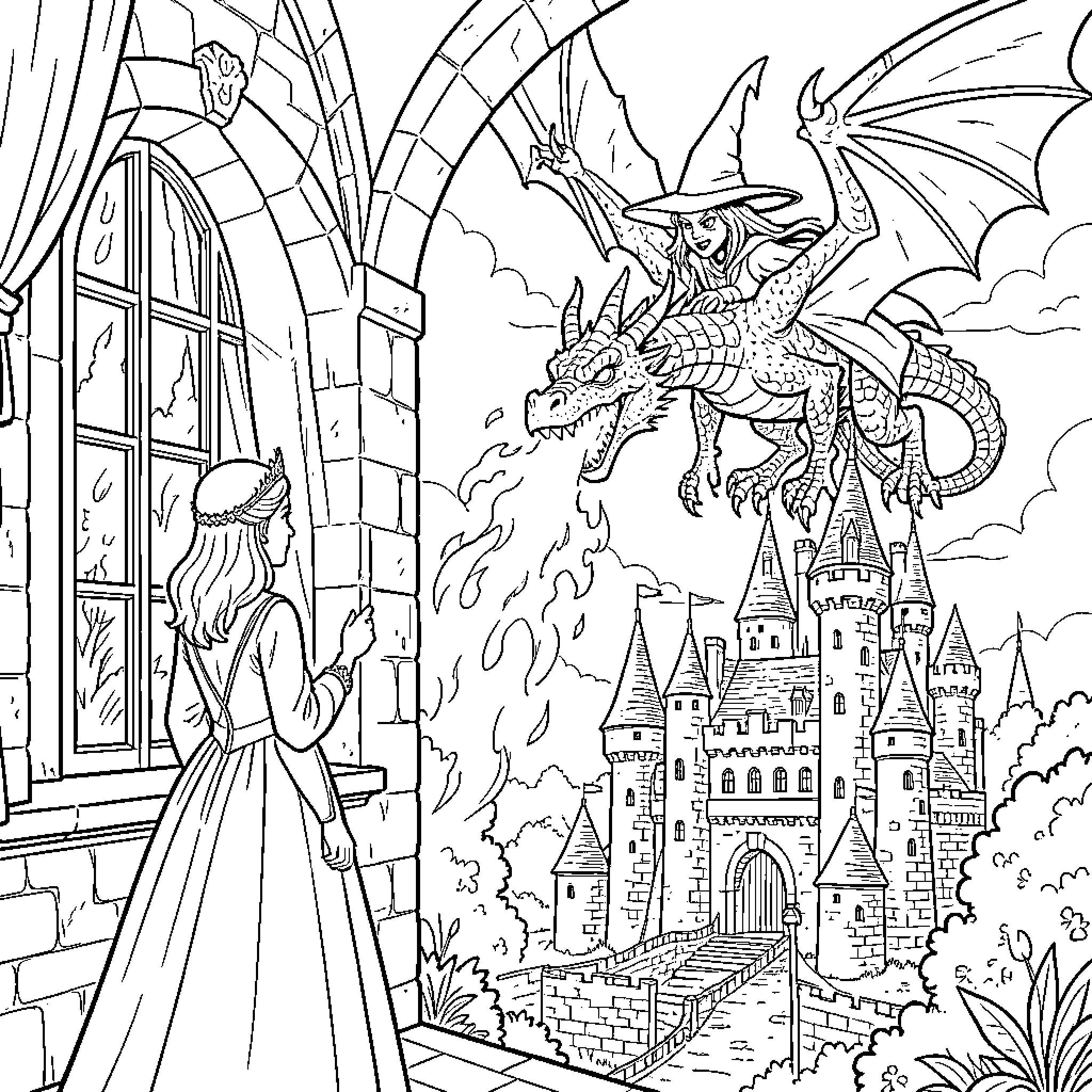 Princess Battles Fearsome Dragon in Enchanted Castle Coloring Page (free black-and-white line drawing printable PDF for all, from beginners to advanced learners, including children, teens, adults, and seniors)