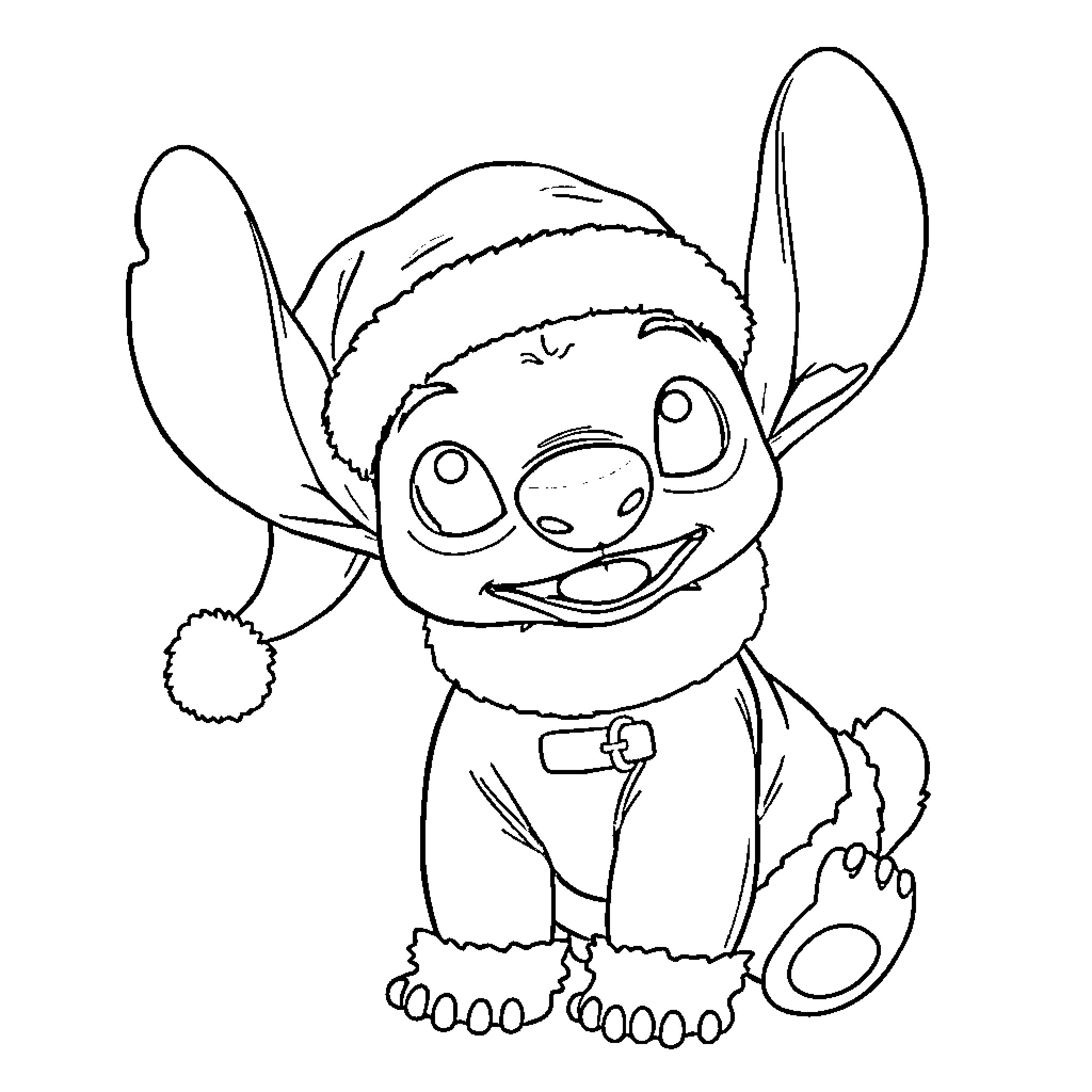 Stitch wearing a Santa hat and smiling Coloring Page (free black-and-white line drawing printable PDF for all, from beginners to advanced learners, including children, teens, adults, and seniors)