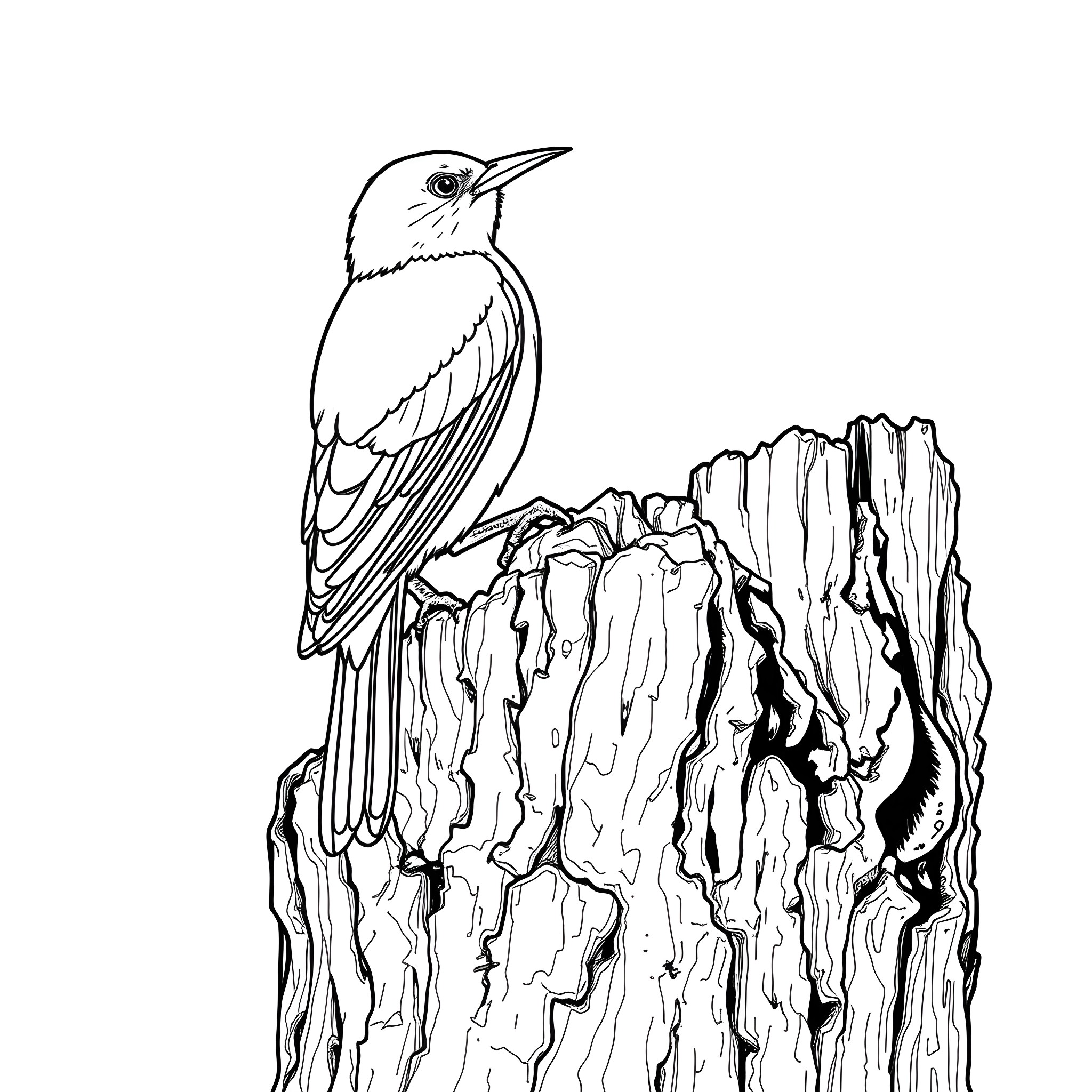 Chlorochrysa Phoenicotis perched on a weathered tree trunk Coloring Page (free black-and-white line drawing printable PDF for all, from beginners to advanced learners, including children, teens, adults, and seniors)