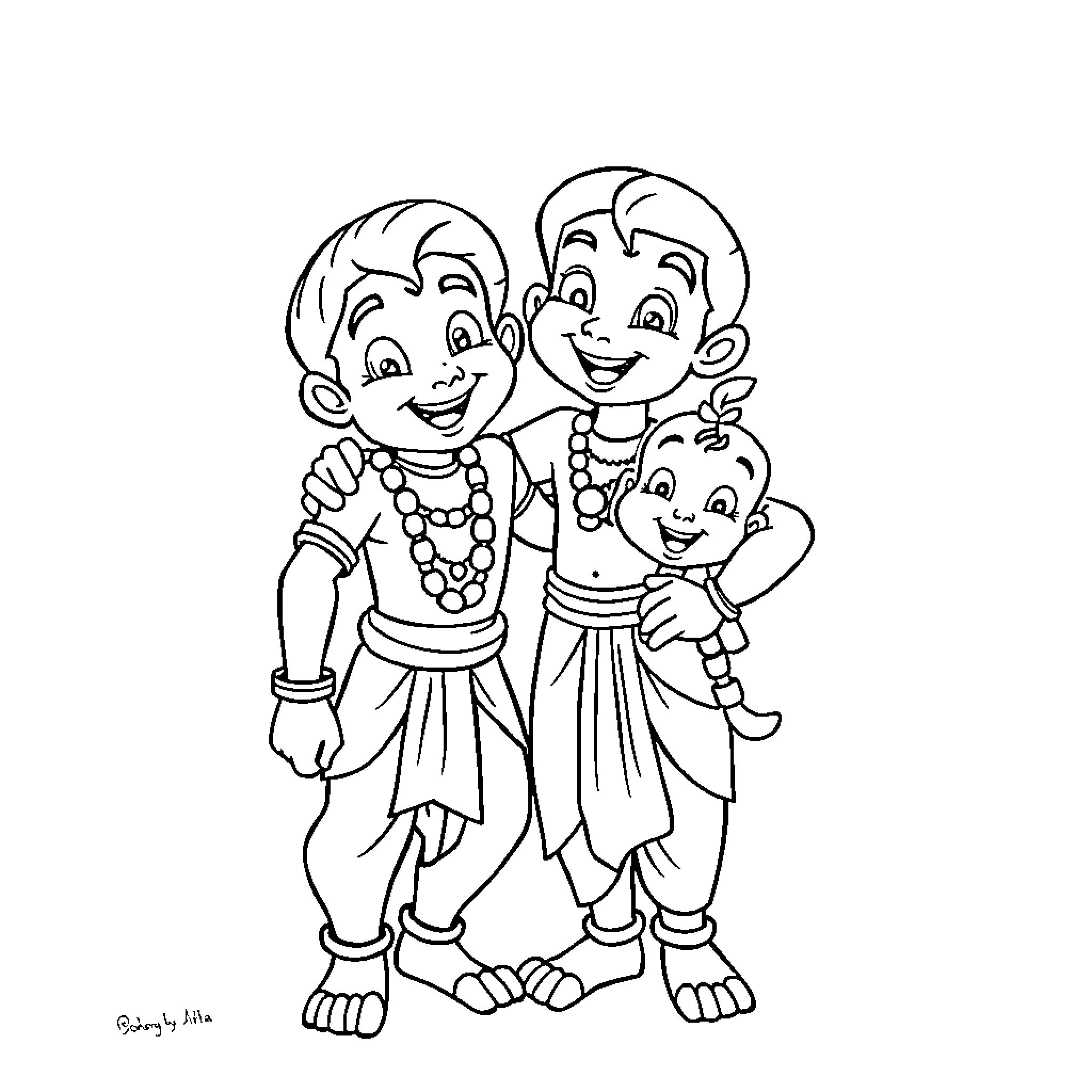 Chota Bheem and friends in festive outfits Coloring Page (free black-and-white line drawing printable PDF for all, from beginners to advanced learners, including children, teens, adults, and seniors)