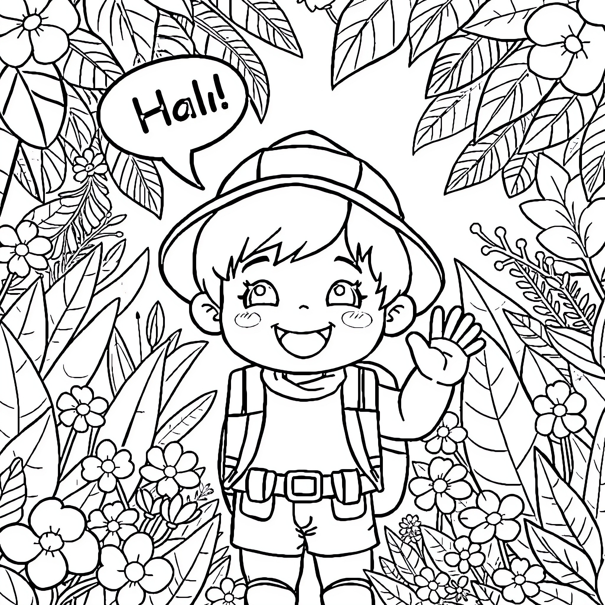 Explorer waving happily in a floral garden Coloring Page (free black-and-white line drawing printable PDF for all, from beginners to advanced learners, including children, teens, adults, and seniors)