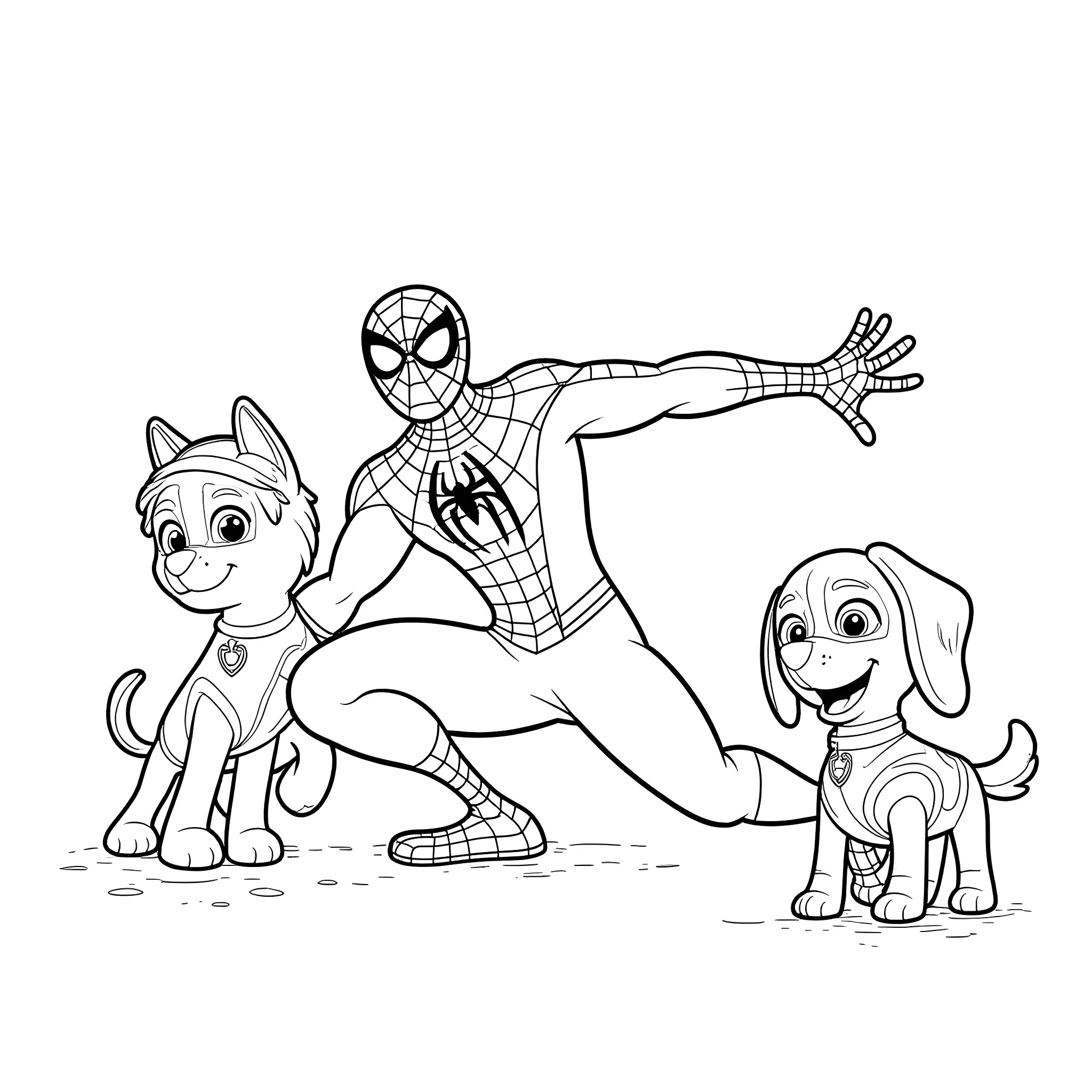 Spiderman and Paw Patrol Pups in Adventure Coloring Page (free black-and-white line drawing printable PDF for all, from beginners to advanced learners, including children, teens, adults, and seniors)