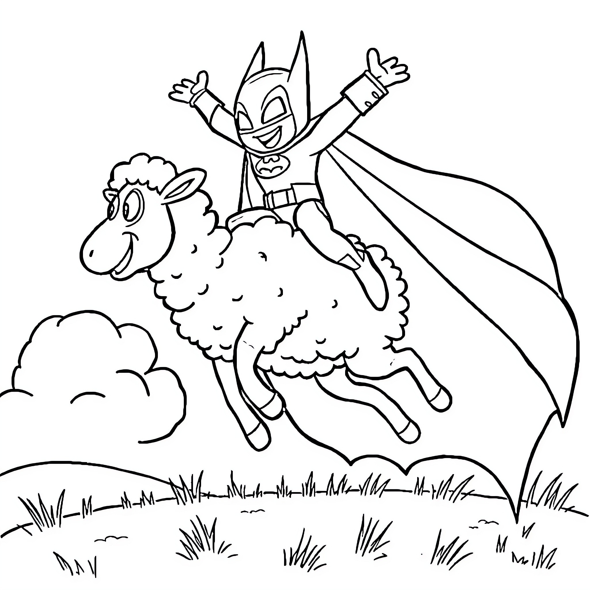 Batman riding a joyful sheep in the meadow Coloring Page (free black-and-white line drawing printable PDF for all, from beginners to advanced learners, including children, teens, adults, and seniors)