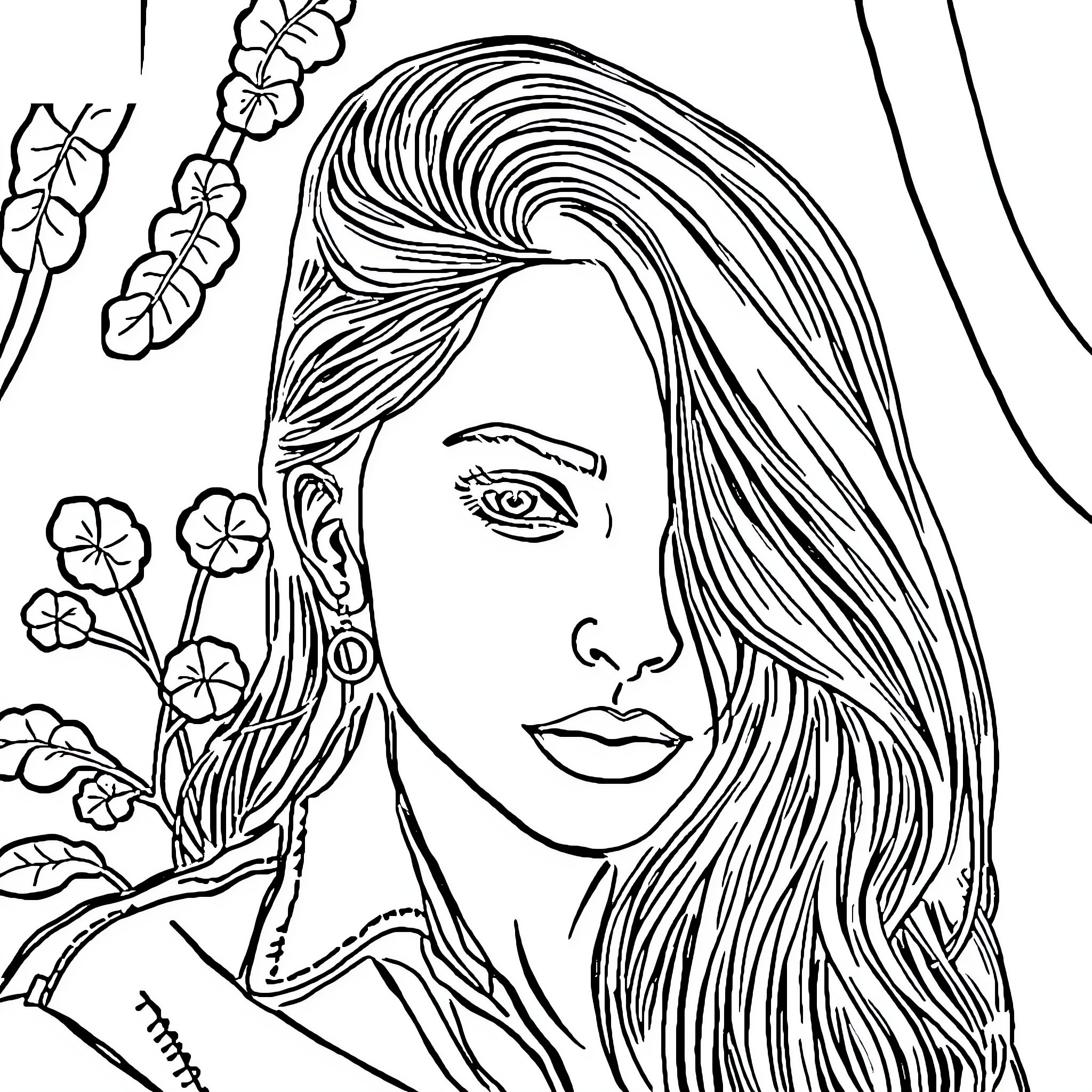 Image of a Woman with Floral Elements Coloring Page (free black-and-white line drawing printable PDF for all, from beginners to advanced learners, including children, teens, adults, and seniors)