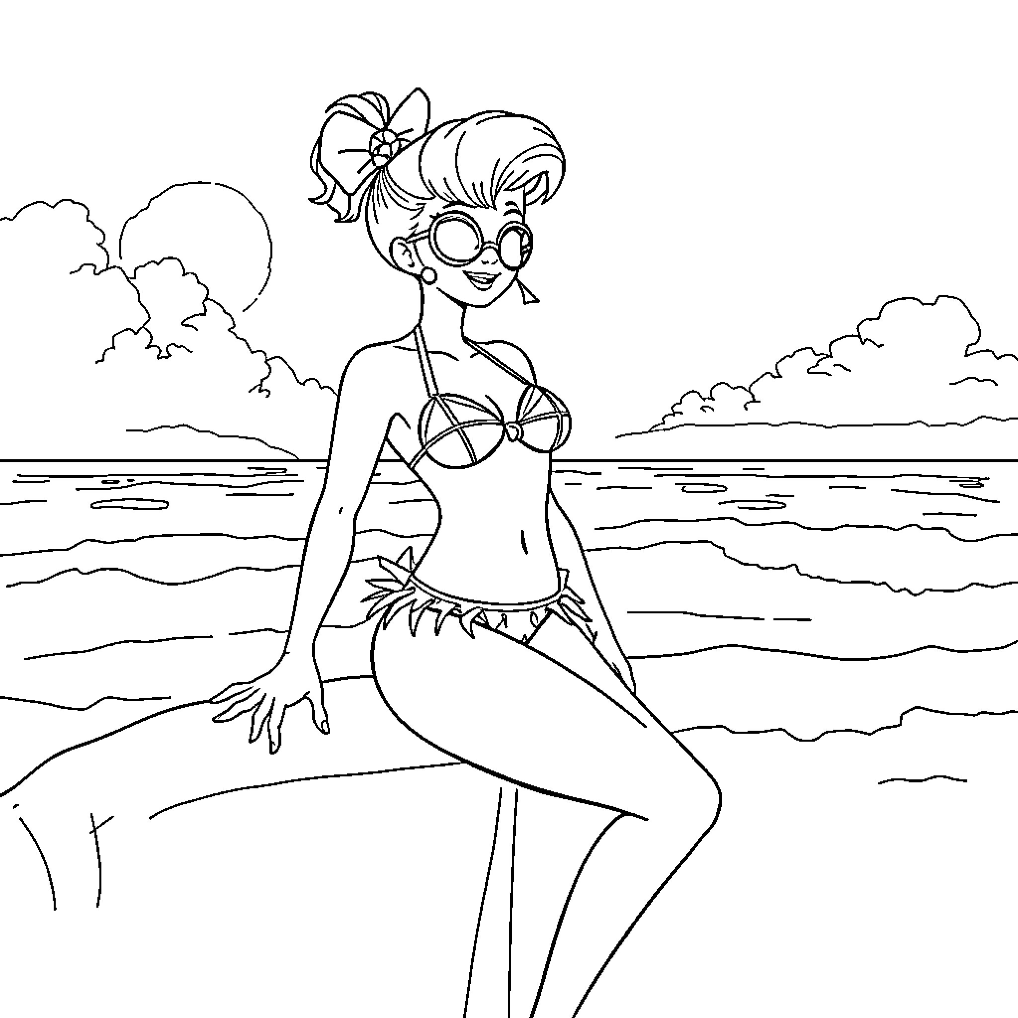 Bulma enjoying a summer beach day Coloring Page (free black-and-white line drawing printable PDF for all, from beginners to advanced learners, including children, teens, adults, and seniors)