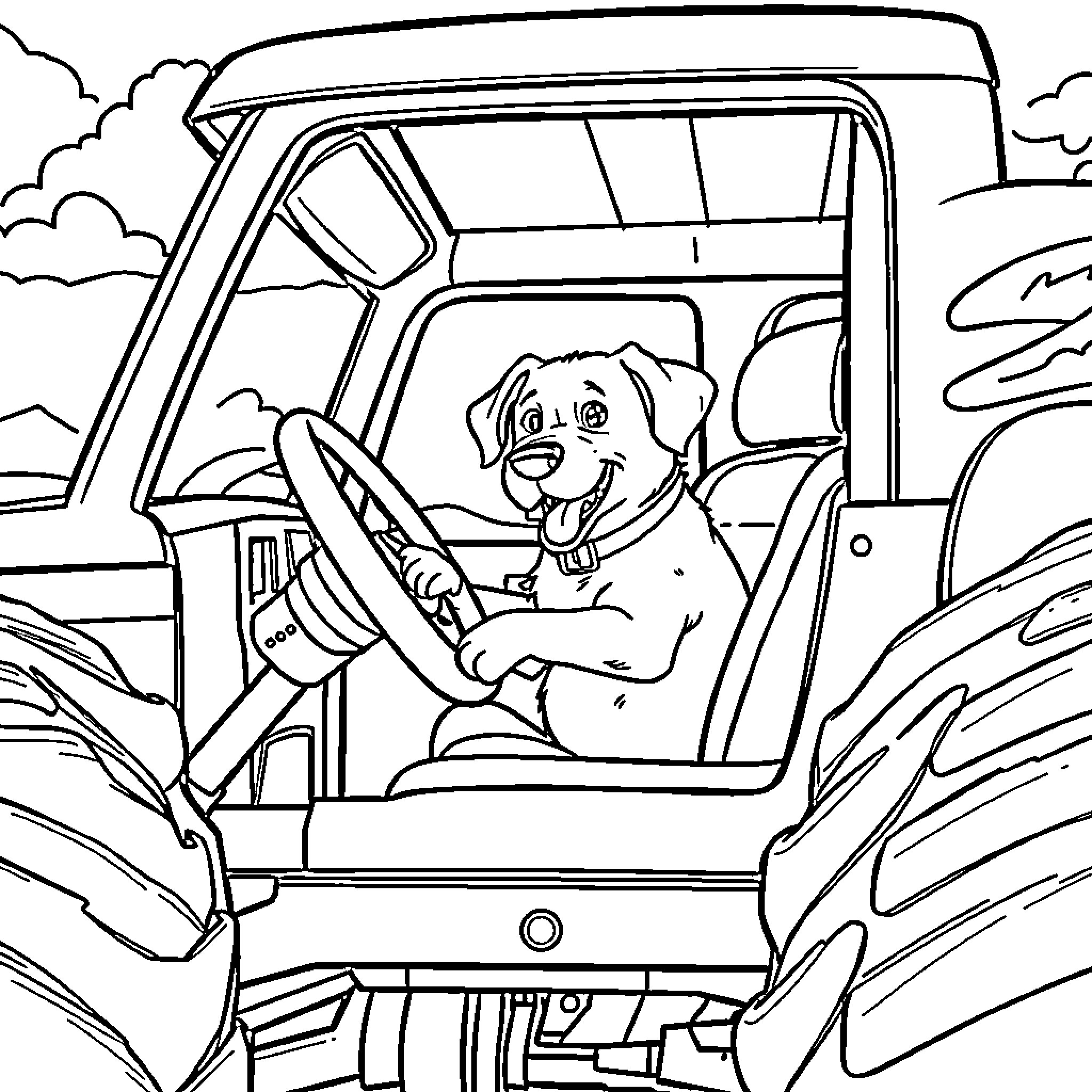 Dog driving a truck on the countryside Coloring Page (free black-and-white line drawing printable PDF for all, from beginners to advanced learners, including children, teens, adults, and seniors)