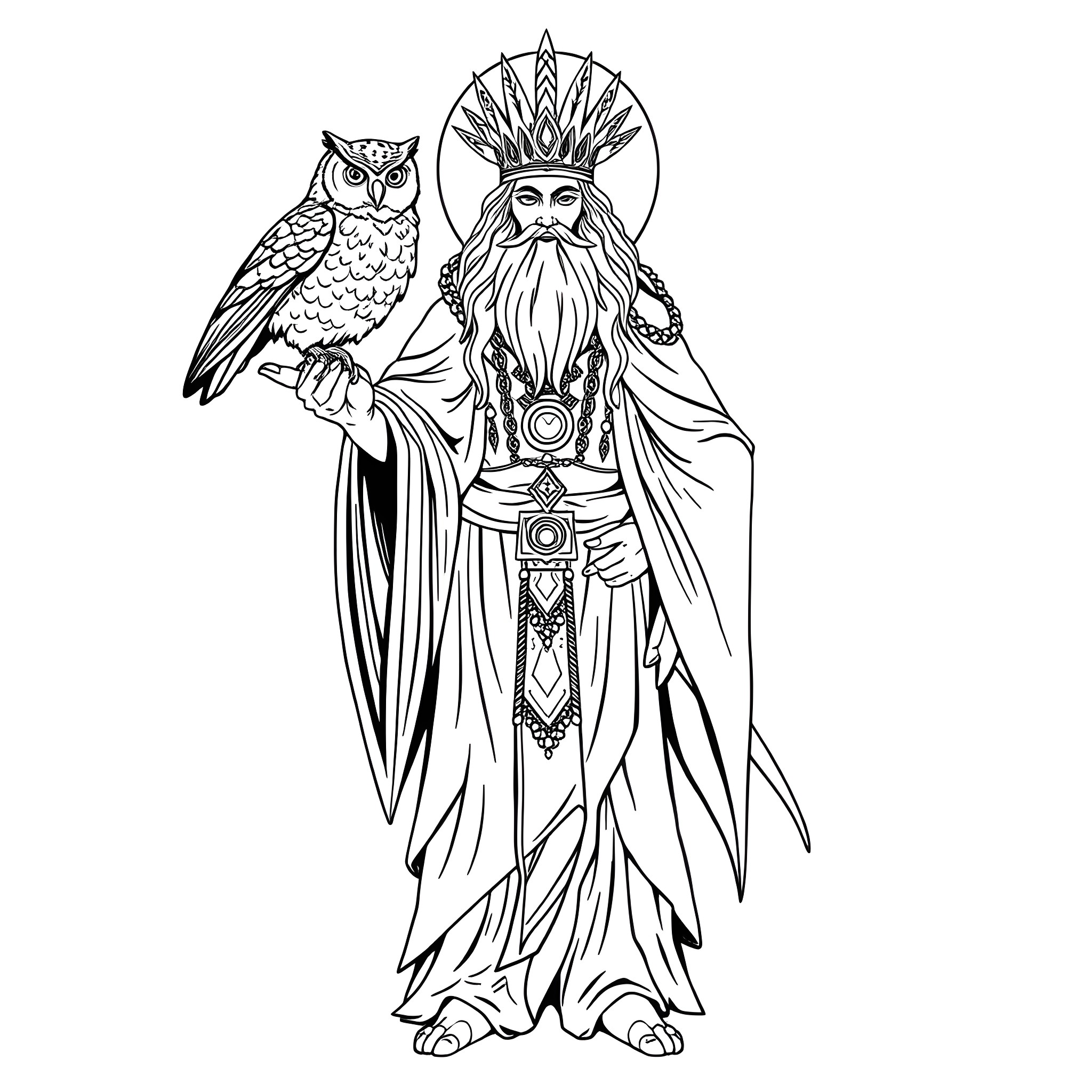 Spirit of the Wise Wizard with Owl Coloring Page (free black-and-white line drawing printable PDF for all, from beginners to advanced learners, including children, teens, adults, and seniors)