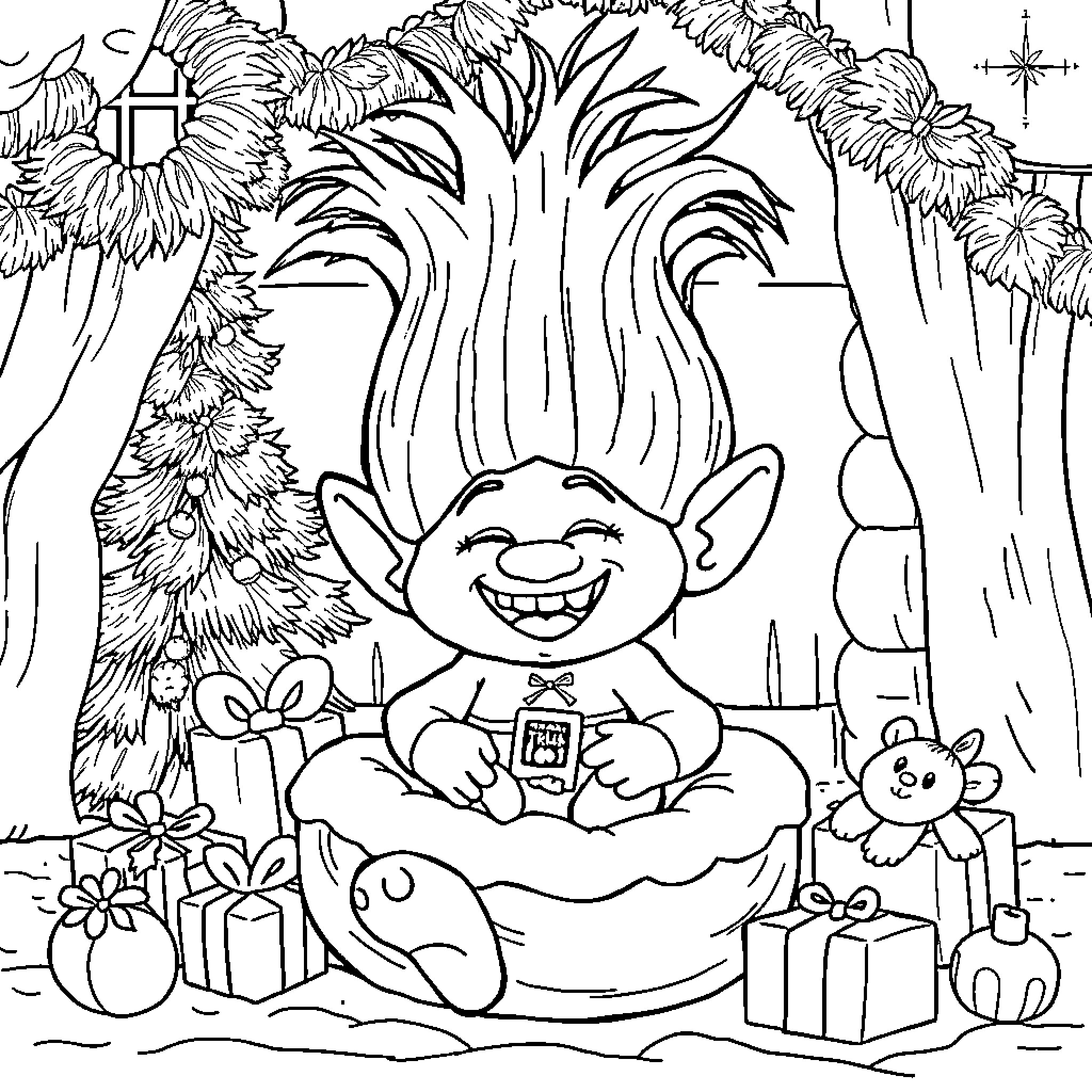 Poppy Troll's Joyful Celebration Coloring Page (free black-and-white line drawing printable PDF for all, from beginners to advanced learners, including children, teens, adults, and seniors)