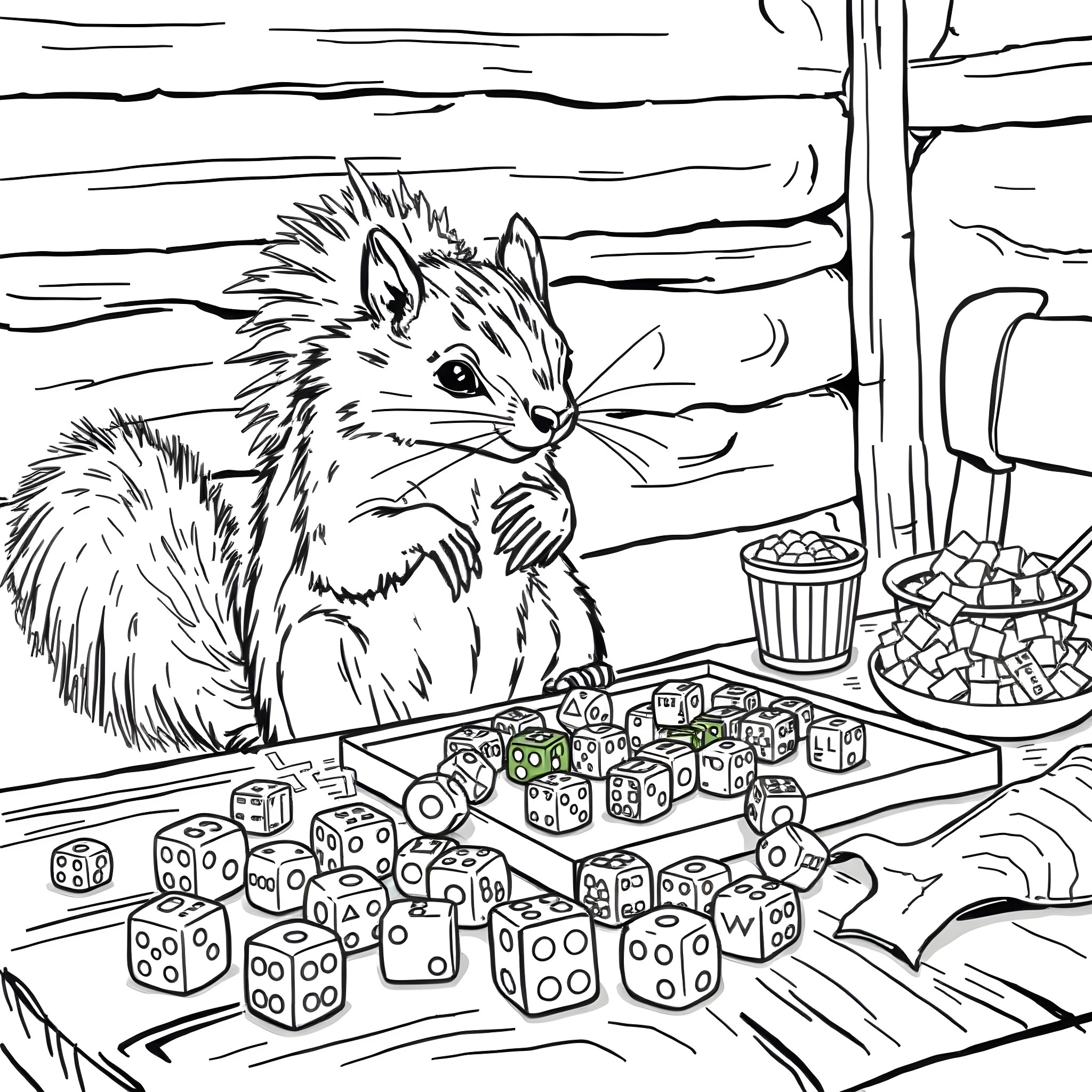 Sabertooth Squirrel playing with dice in the den Coloring Page (free black-and-white line drawing printable PDF for all, from beginners to advanced learners, including children, teens, adults, and seniors)