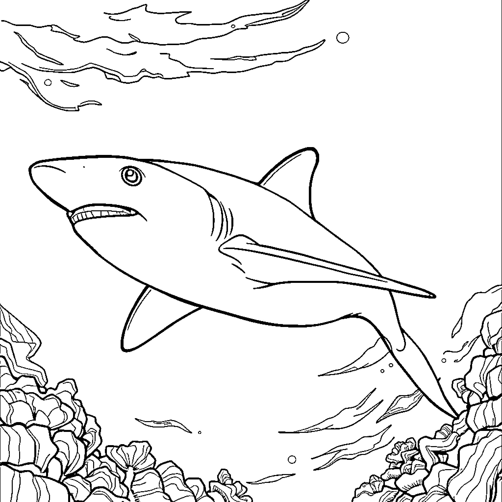 Shark swimming through the ocean Coloring Page (free black-and-white line drawing printable PDF for all, from beginners to advanced learners, including children, teens, adults, and seniors)