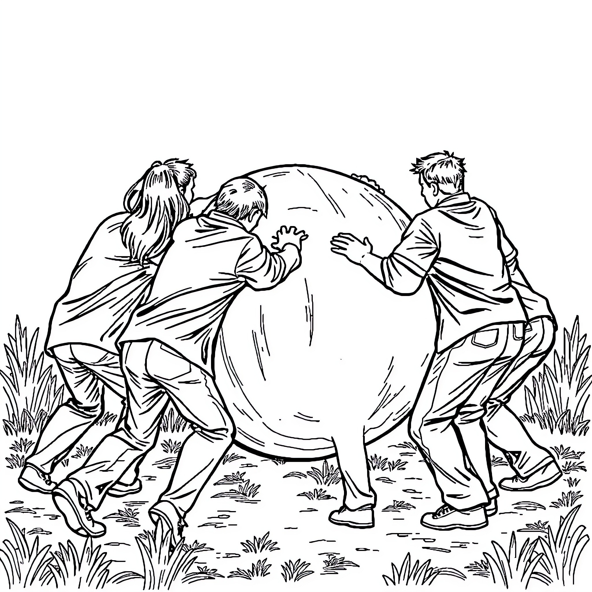 Tush Push - Energetic team effort to move a large object Coloring Page (free black-and-white line drawing printable PDF for all, from beginners to advanced learners, including children, teens, adults, and seniors)