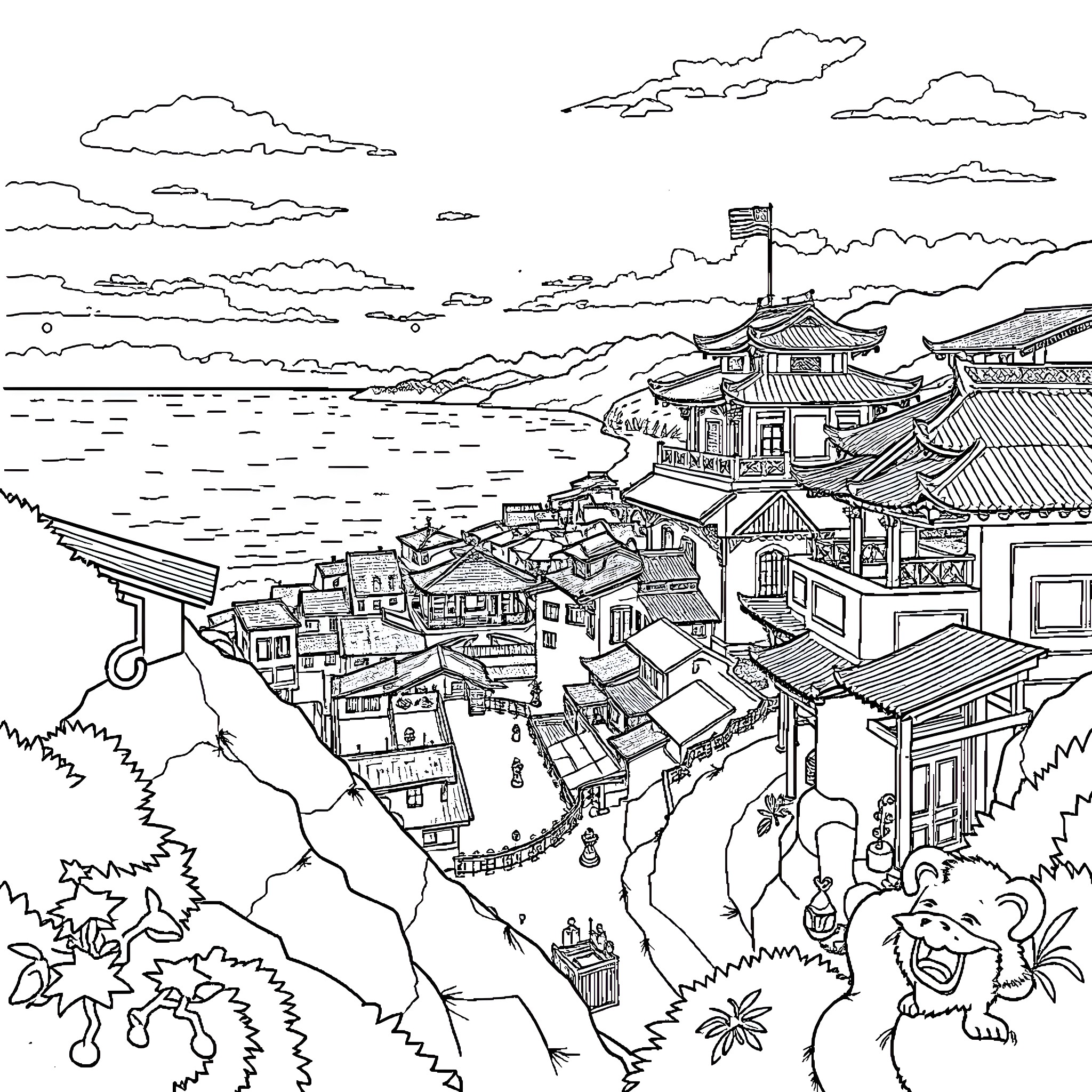 Chinatown's Vibrant Architectural Landscape Coloring Page (free black-and-white line drawing printable PDF for all, from beginners to advanced learners, including children, teens, adults, and seniors)