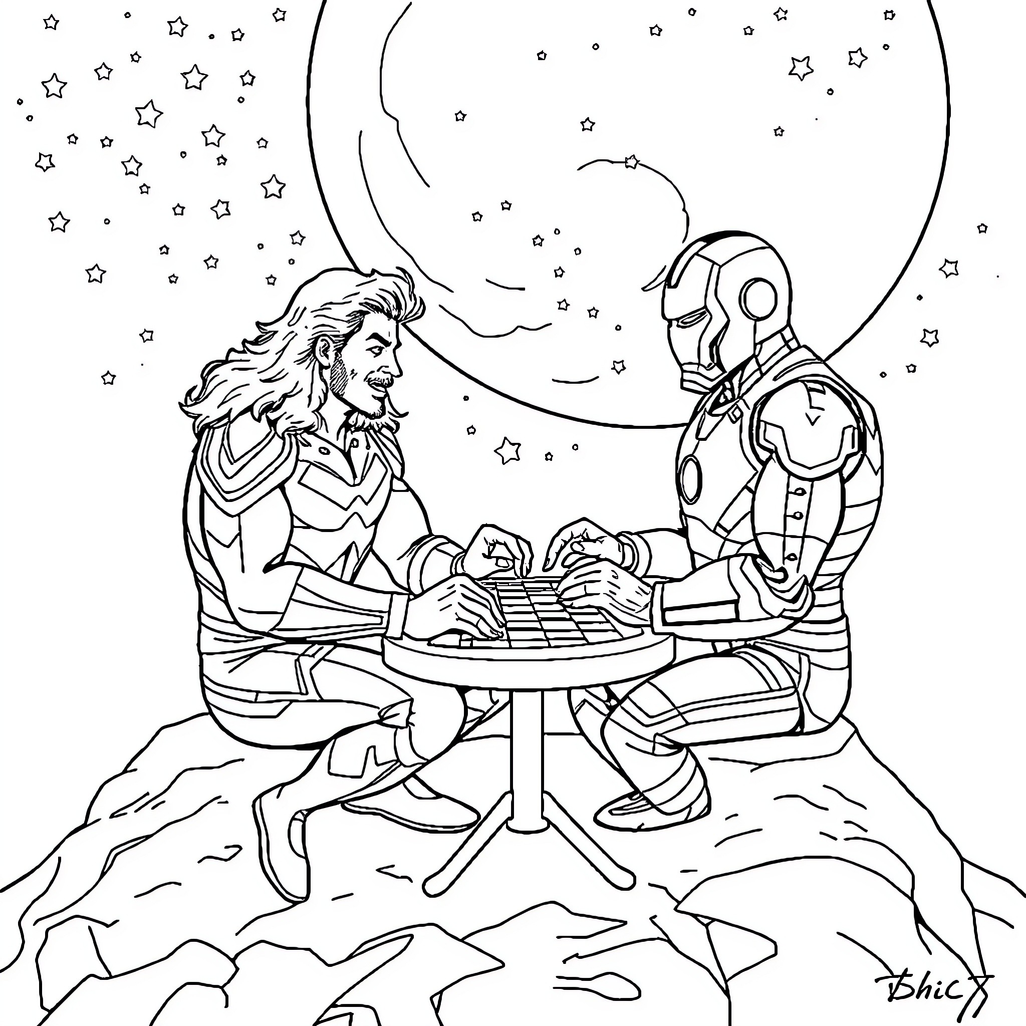 Aquaman and Iron Man playing chess under the stars Coloring Page (free black-and-white line drawing printable PDF for all, from beginners to advanced learners, including children, teens, adults, and seniors)