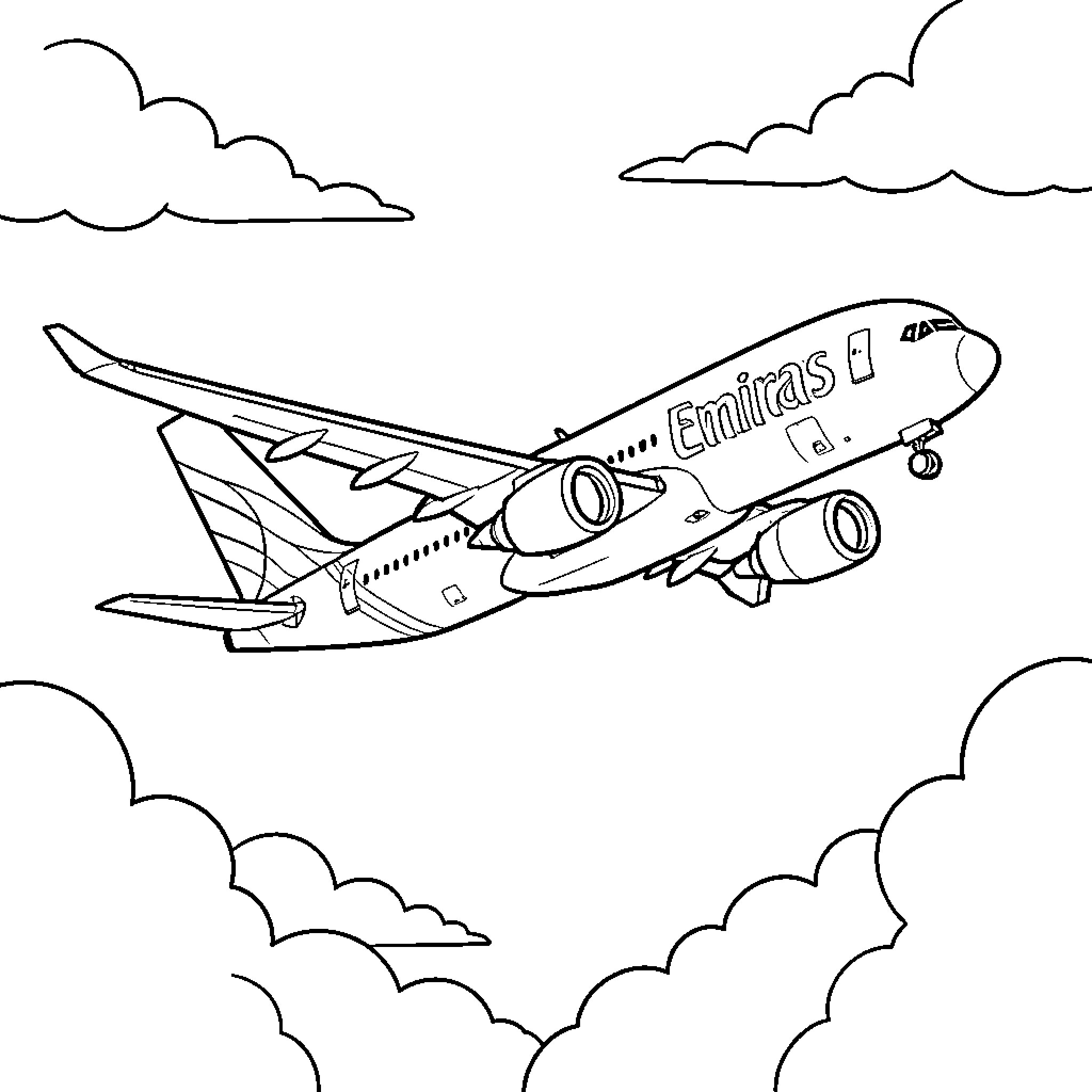 Airplane taking off against cloudy sky Coloring Page (free black-and-white line drawing printable PDF for all, from beginners to advanced learners, including children, teens, adults, and seniors)