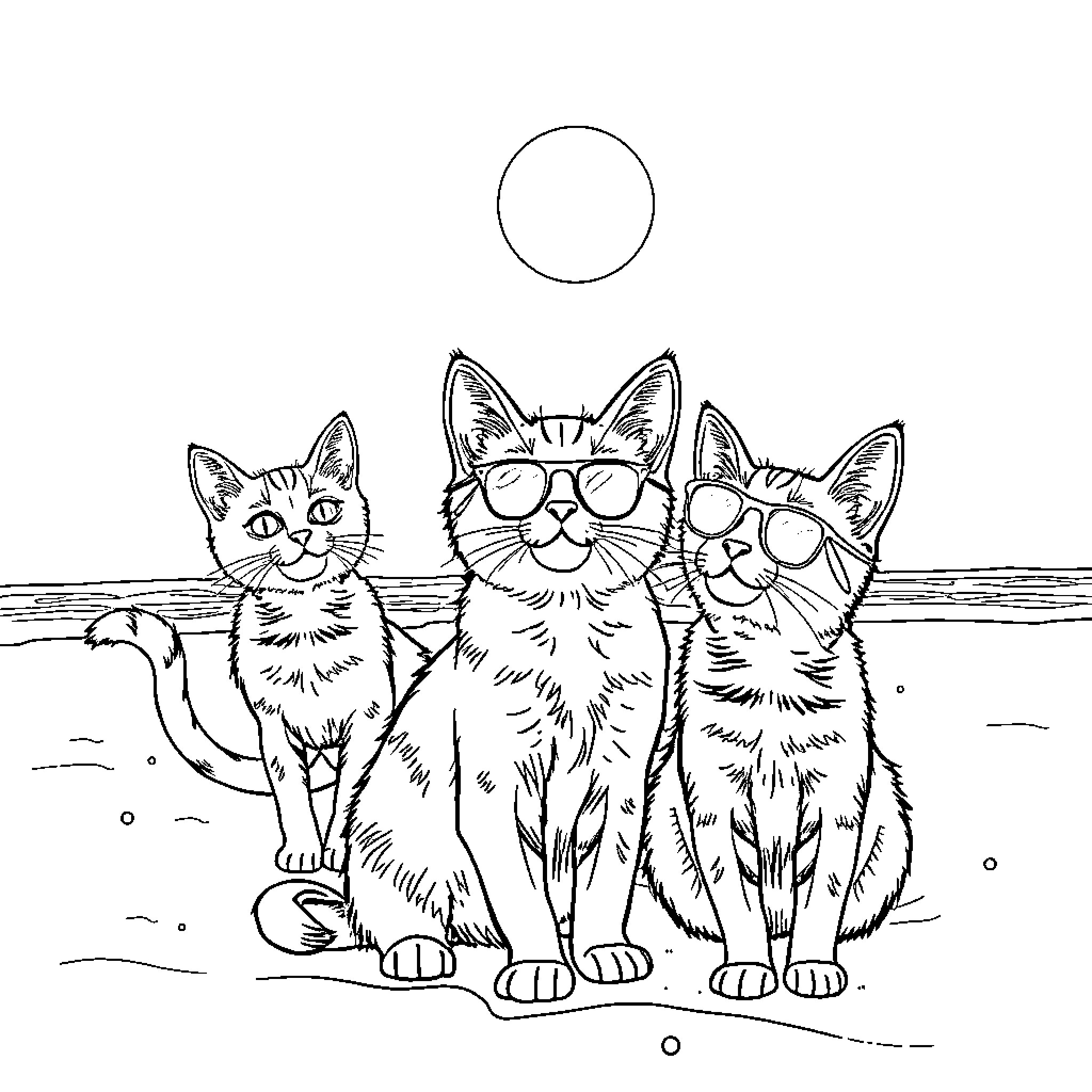 Cat trio with sunglasses in the outdoors Coloring Page (free black-and-white line drawing printable PDF for all, from beginners to advanced learners, including children, teens, adults, and seniors)