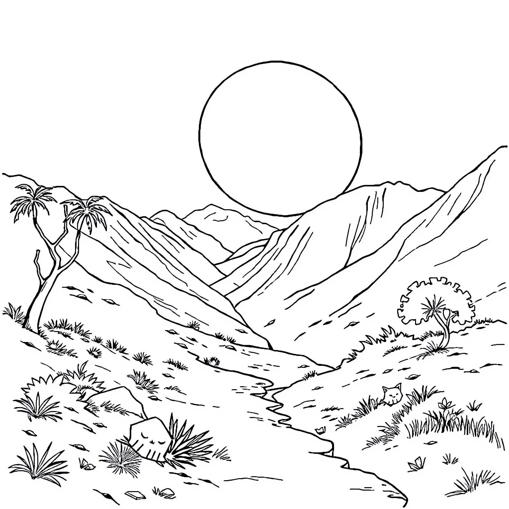 Animal landscape with mountains and palm trees Coloring Page (free black-and-white line drawing printable PDF for all, from beginners to advanced learners, including children, teens, adults, and seniors)