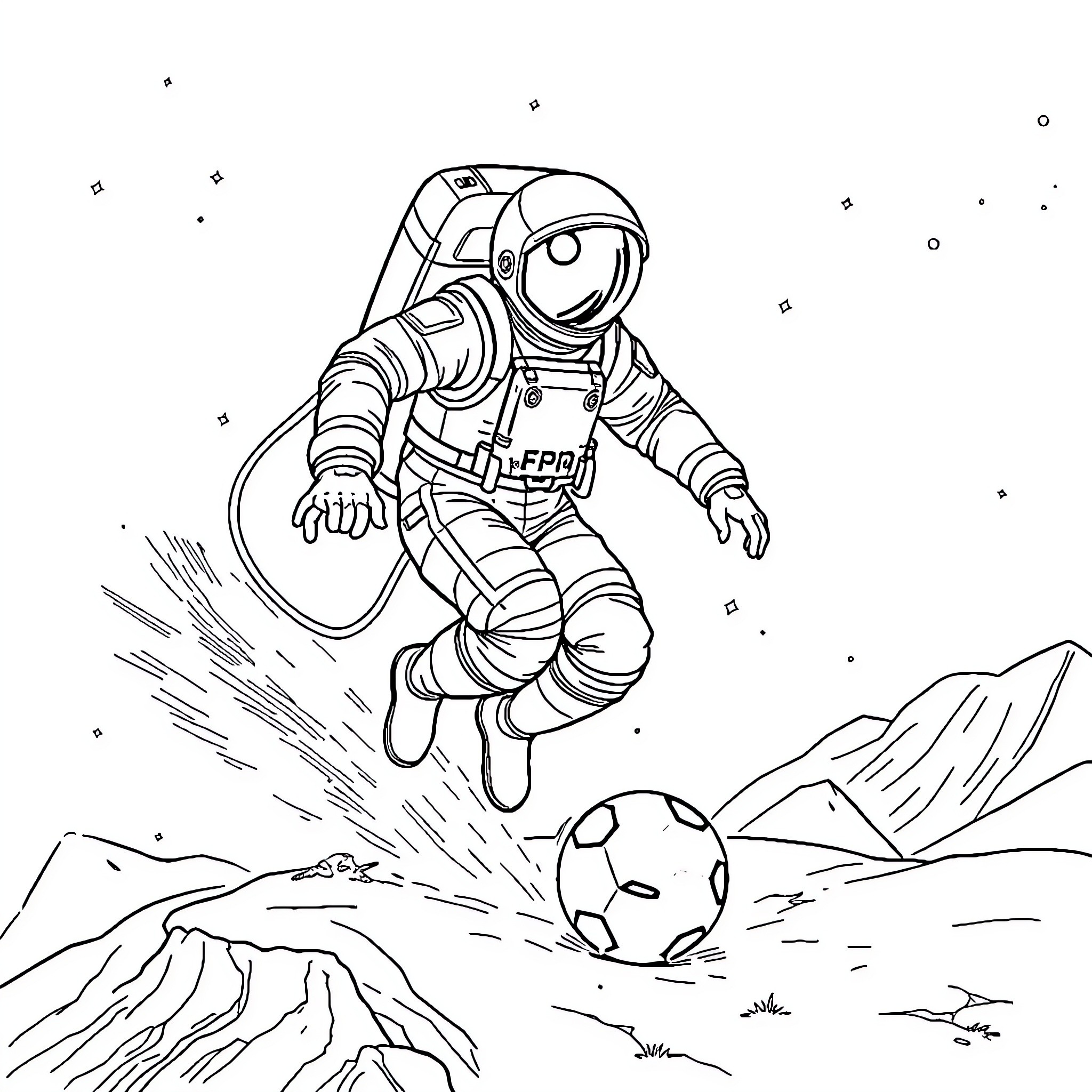 Astronaut playing soccer on alien planet Coloring Page (free black-and-white line drawing printable PDF for all, from beginners to advanced learners, including children, teens, adults, and seniors)