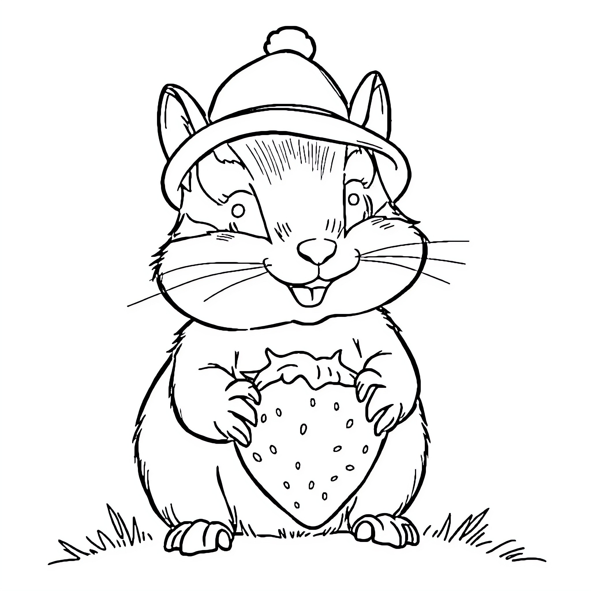 Chipmunk holding a strawberry in a hat Coloring Page (free black-and-white line drawing printable PDF for all, from beginners to advanced learners, including children, teens, adults, and seniors)