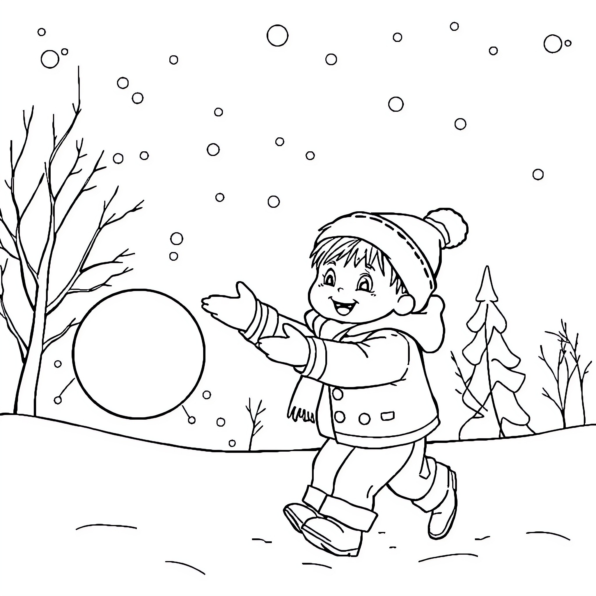 Niño jugando con nieve en invierno Coloring Page (free black-and-white line drawing printable PDF for all, from beginners to advanced learners, including children, teens, adults, and seniors)