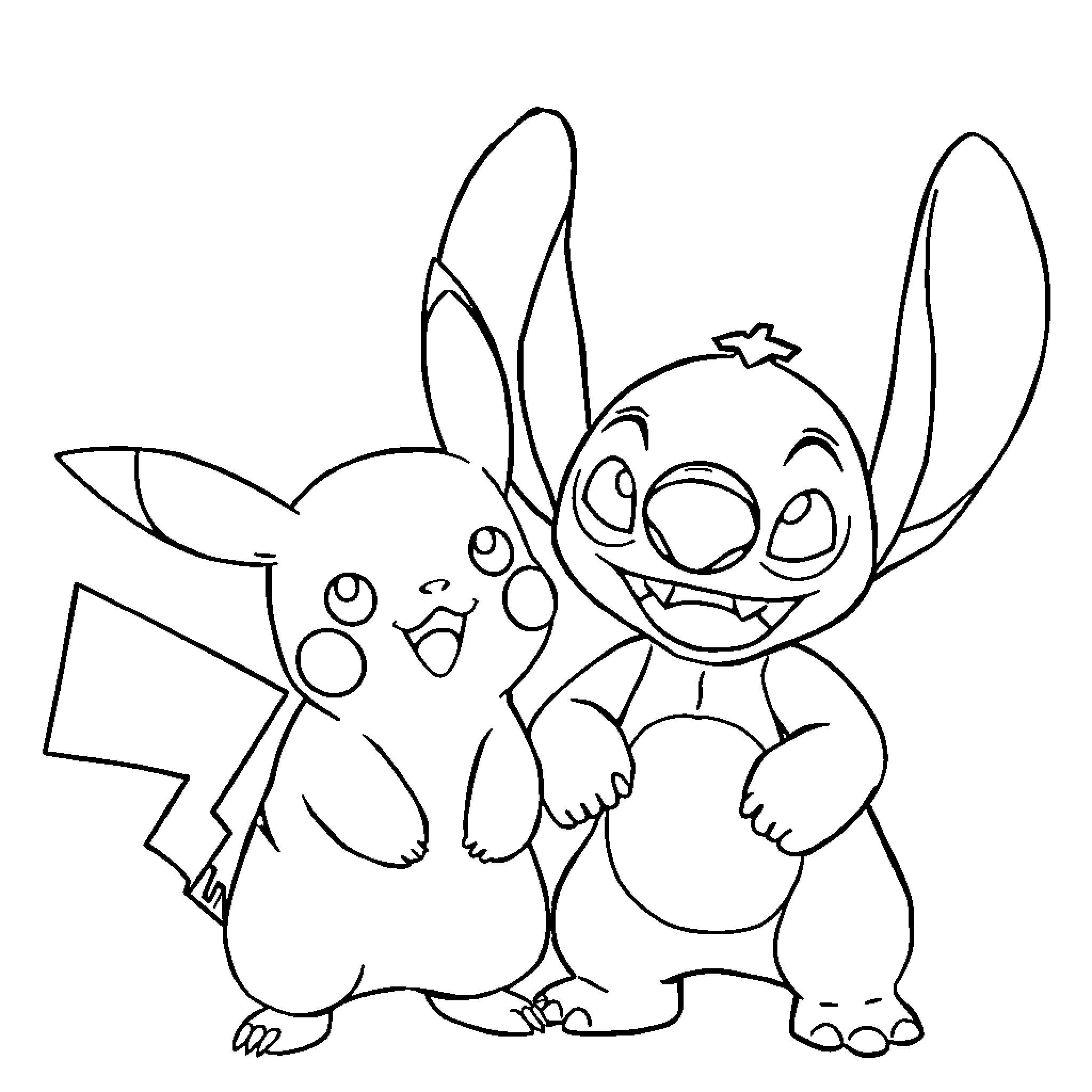 Pikachu and Stitch posing cheerfully Coloring Page (free black-and-white line drawing printable PDF for all, from beginners to advanced learners, including children, teens, adults, and seniors)
