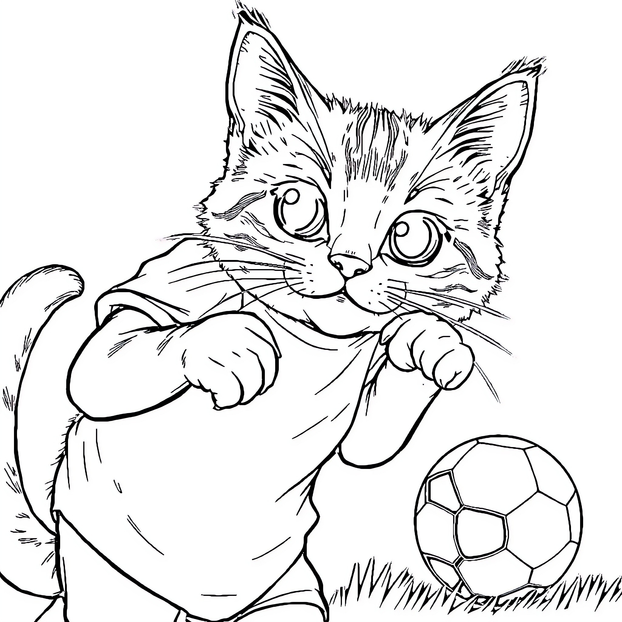 Chat with playful cat playing with soccer ball Coloring Page (free black-and-white line drawing printable PDF for all, from beginners to advanced learners, including children, teens, adults, and seniors)