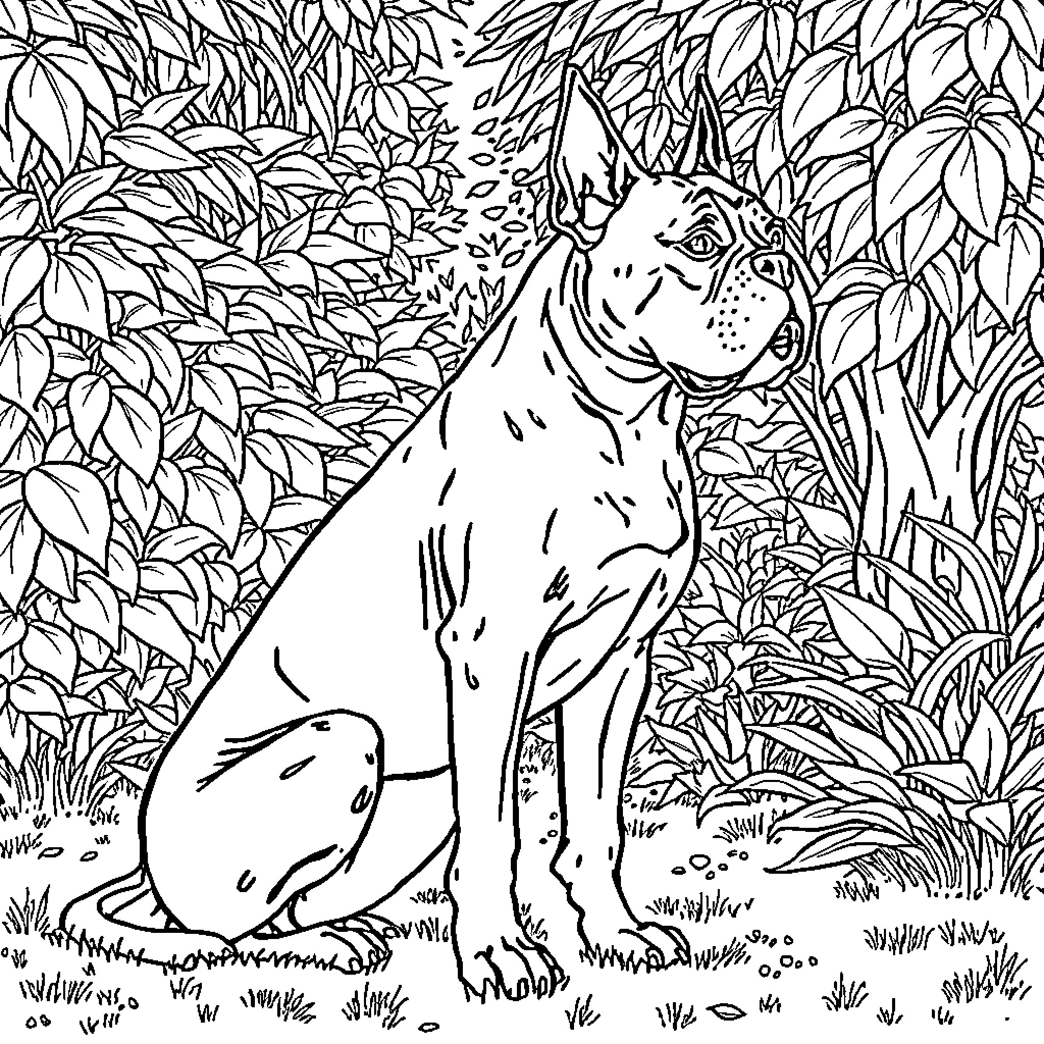 Presa Canario exploring lush foliage Coloring Page (free black-and-white line drawing printable PDF for all, from beginners to advanced learners, including children, teens, adults, and seniors)