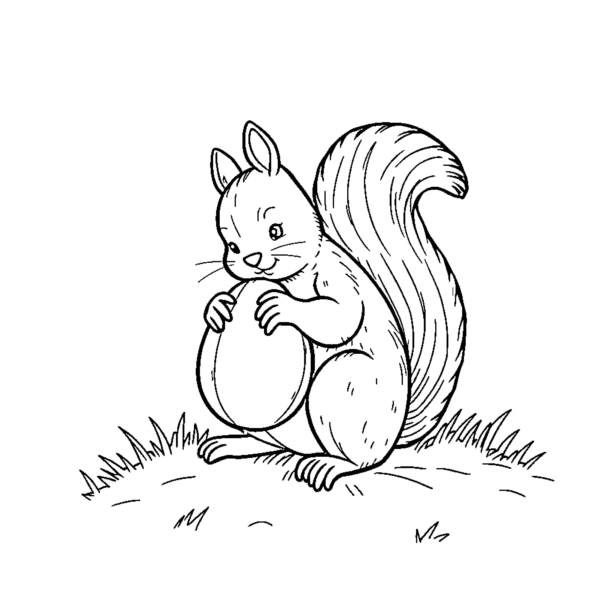 Squirrel playing with a large nut Coloring Page (free black-and-white line drawing printable PDF for all, from beginners to advanced learners, including children, teens, adults, and seniors)